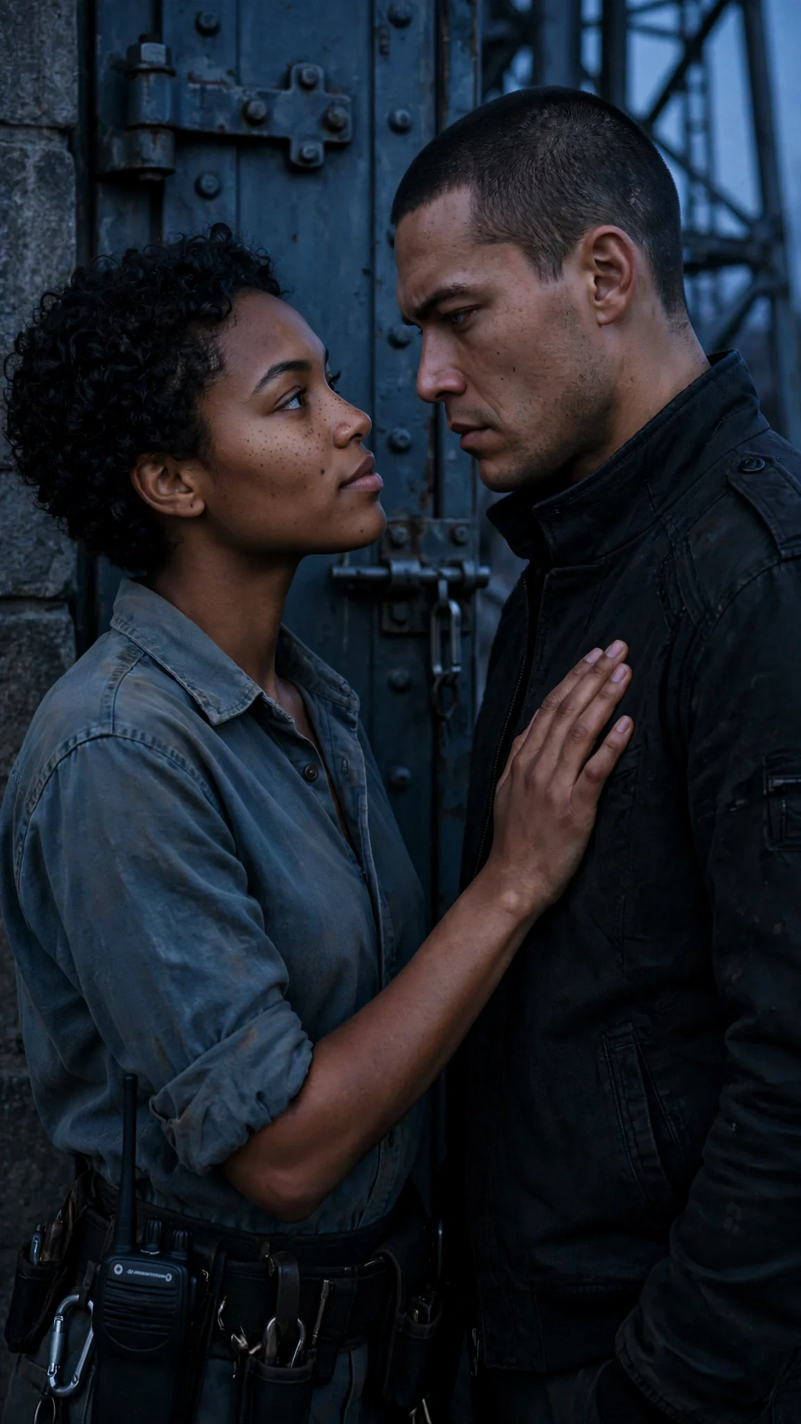 A woman leans in close to a wounded man, one hand on his chest.
