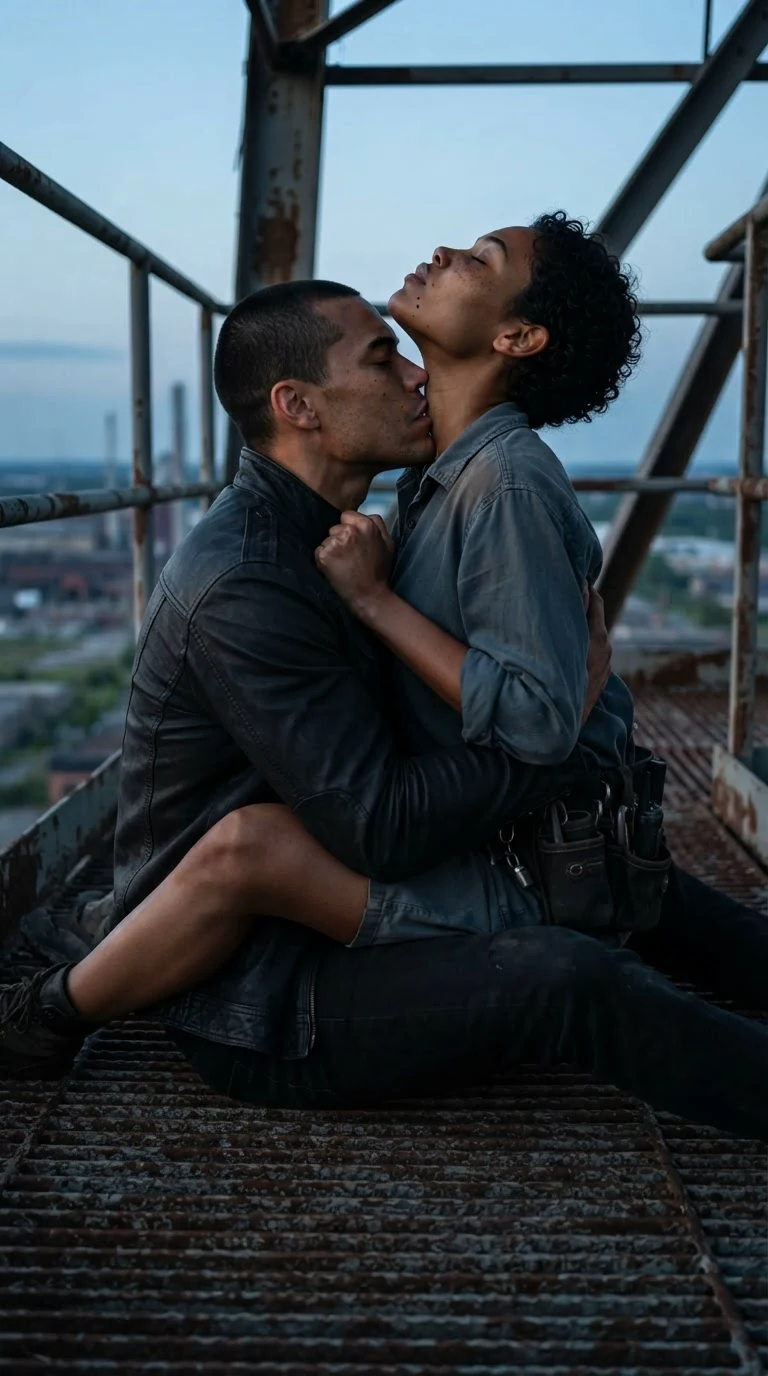 A wounded man pulls a woman into his lap, his mouth at her throat.