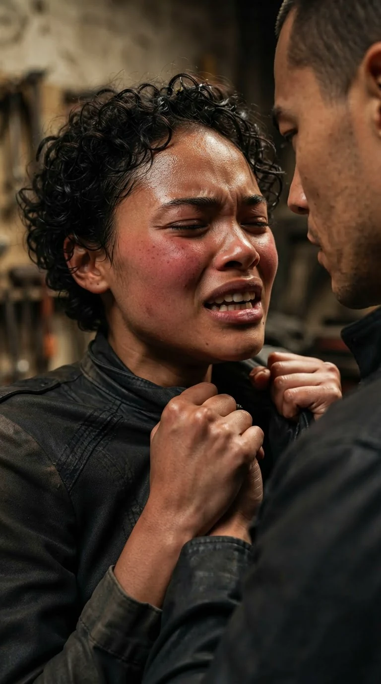 A woman grips a man's jacket, close to the edge, her face broken open.