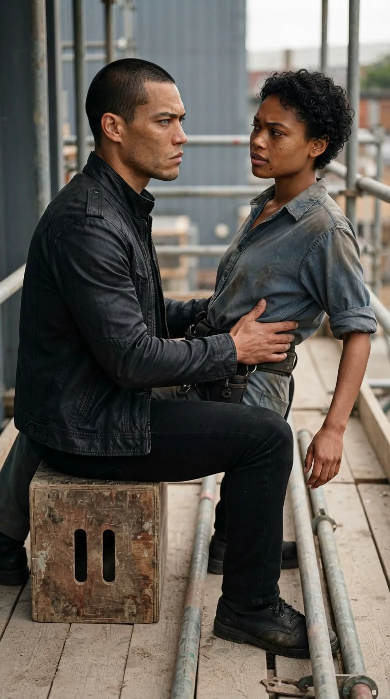 A man lifts a woman off his lap, his face closed and cold.
