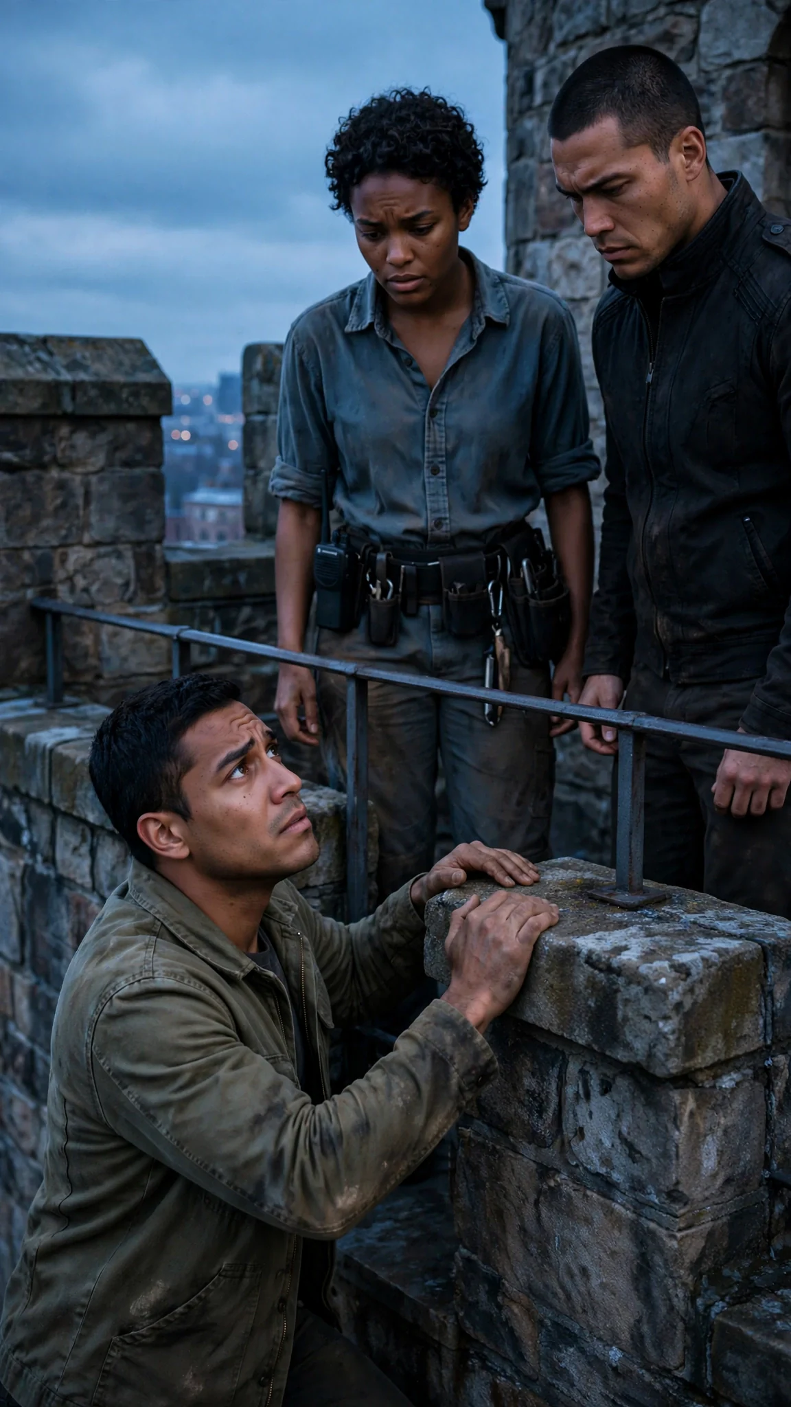 A broad-shouldered young man appears at the top of the tower stairs.