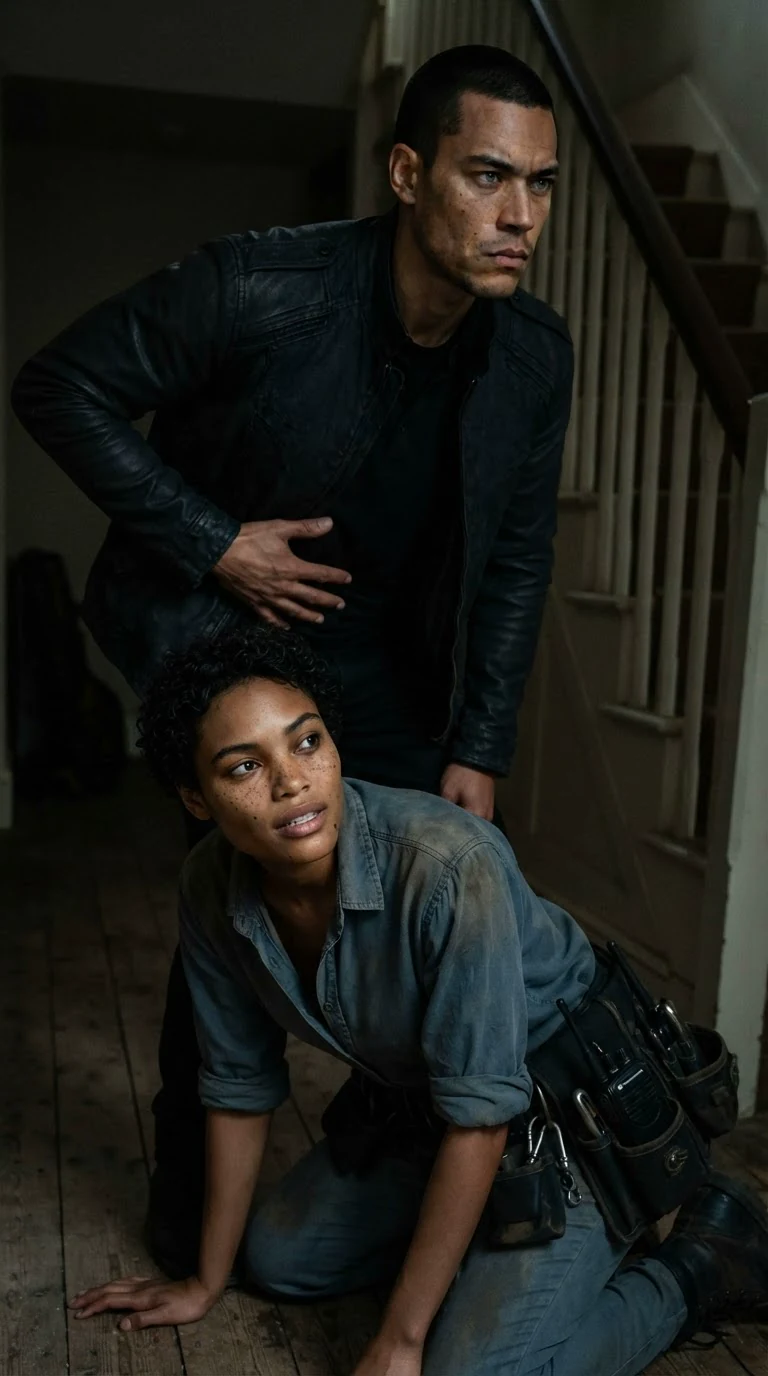 A standing man looks past a woman on the floor, his face like a shut door.