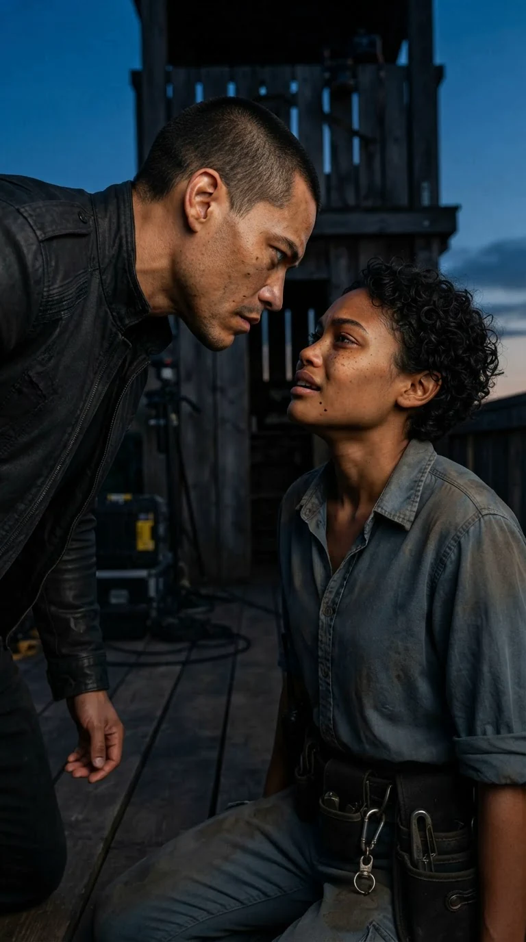 A man leans down toward a kneeling woman, his face hard and threatening.