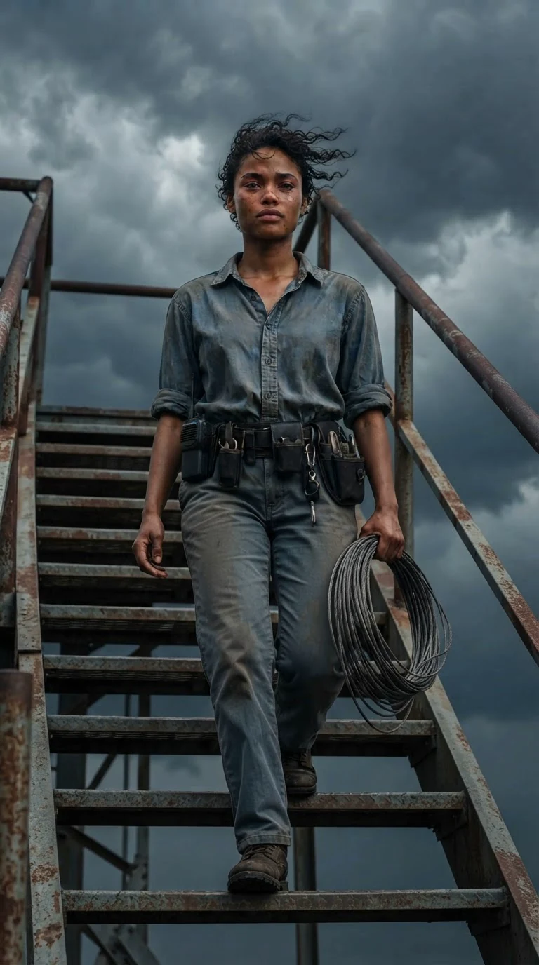 A woman walks down tower stairs into cold wind, her face wet.