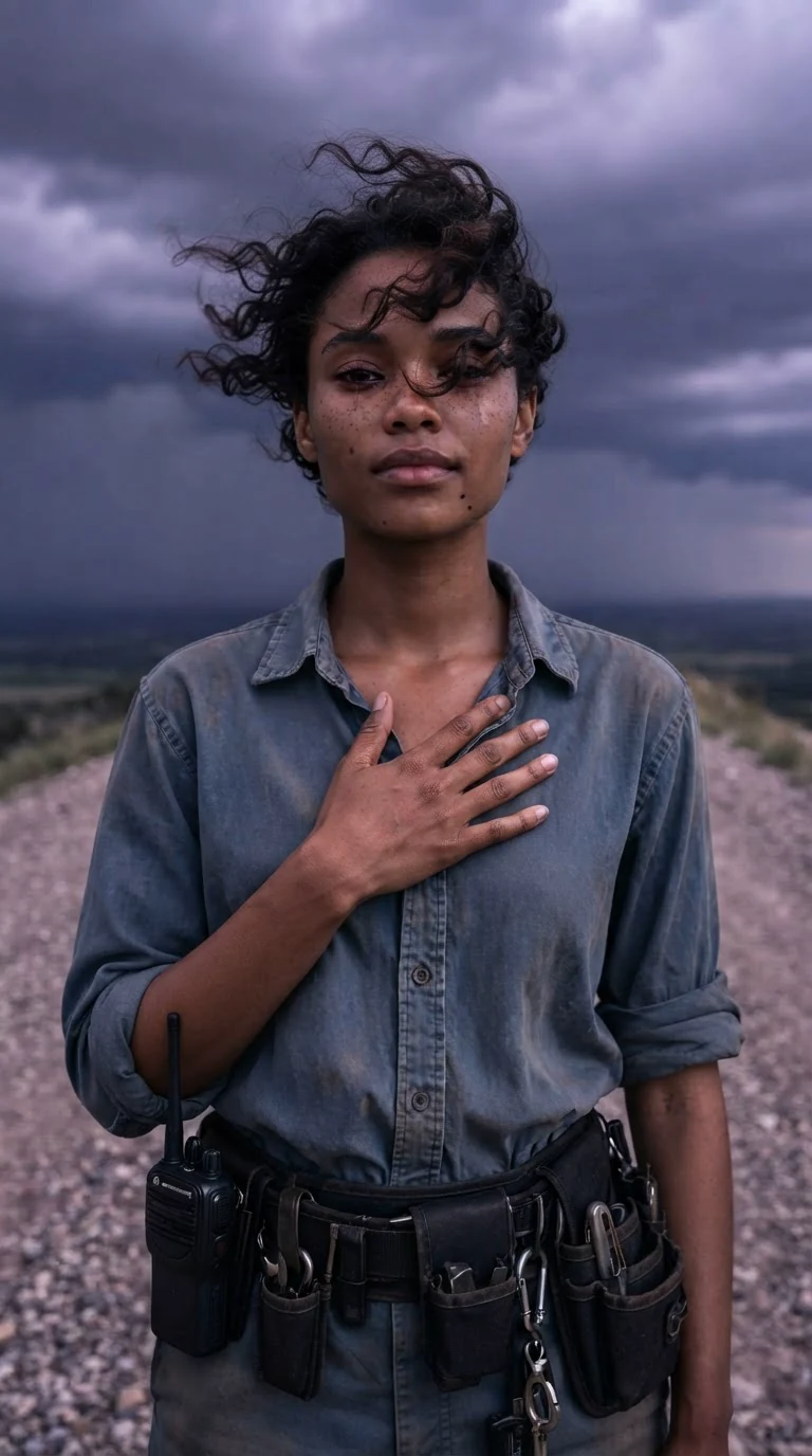 A woman stands in wind on the ridge road, one hand pressed to her chest.