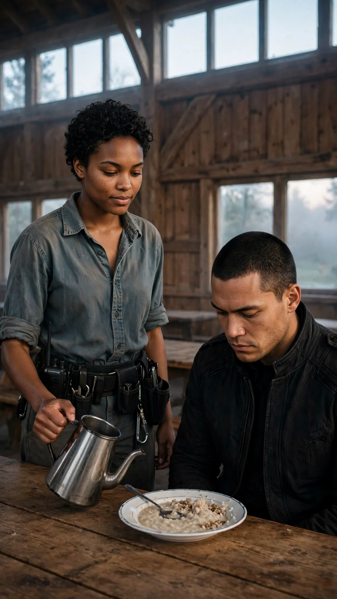Nova stands in the pack meeting hall at dawn holding a coffee pot, and Evander sits at the long table without looking at her.