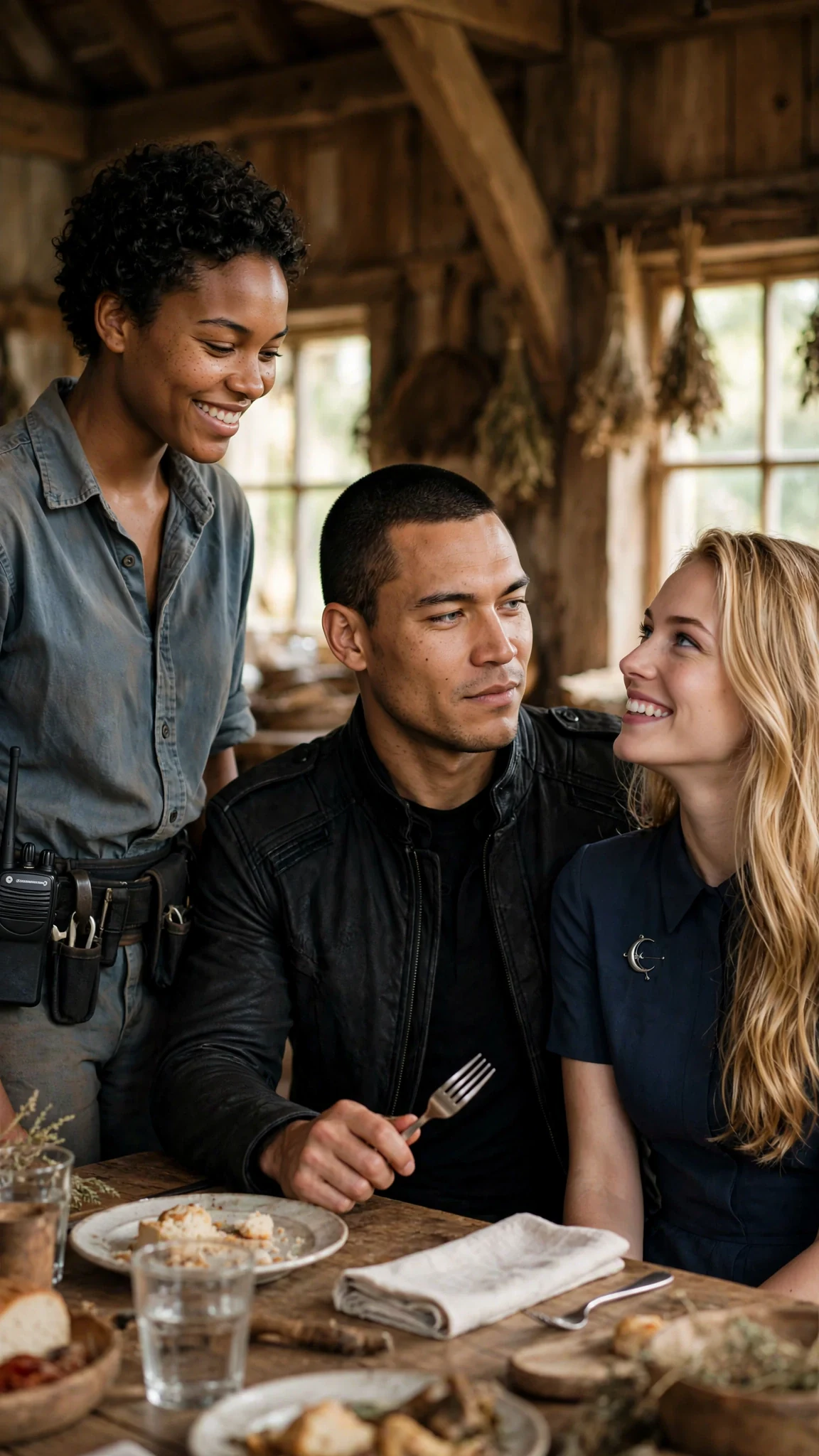 Adelie sits down beside Evander in a neat Luna dress with a silver pin, smiling at Nova.