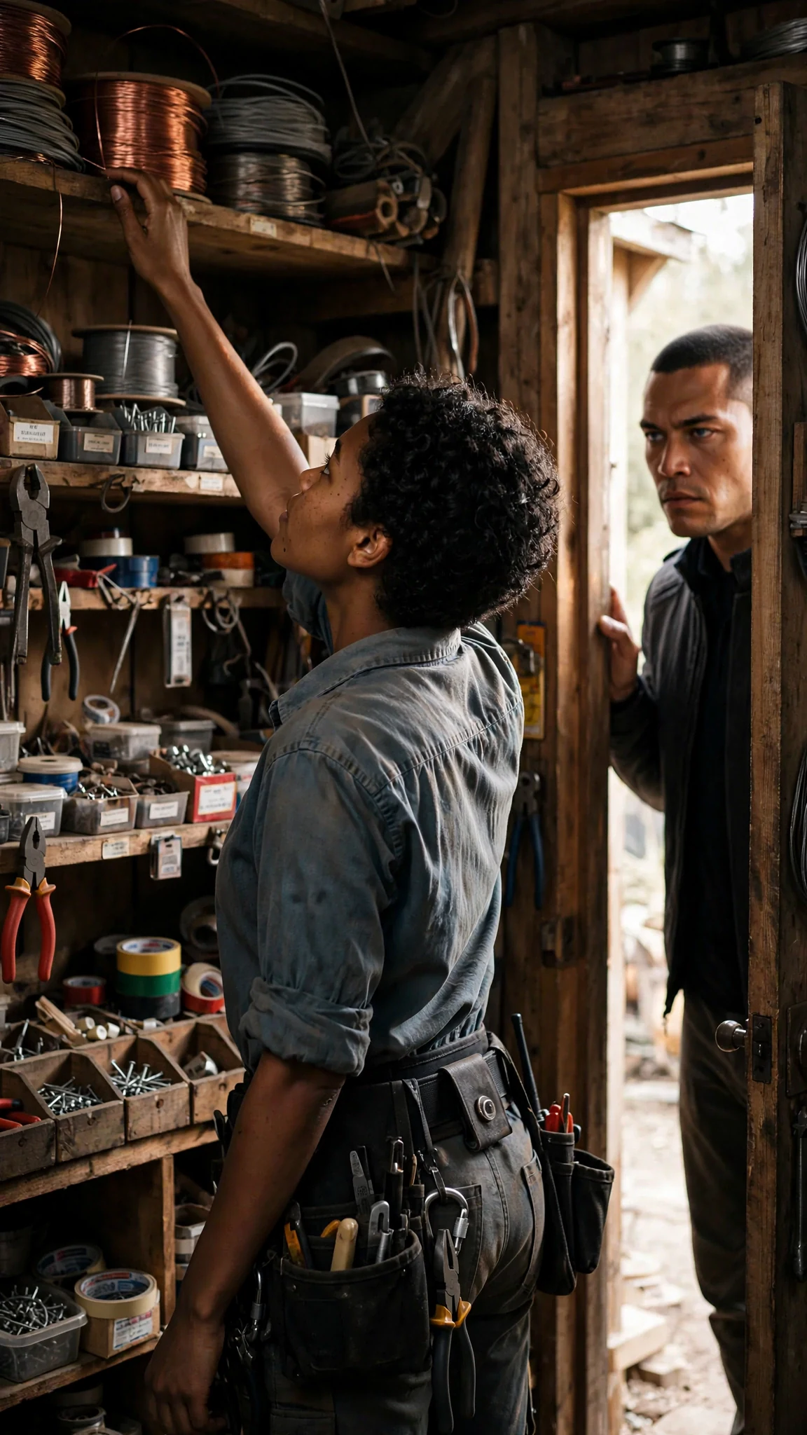 Nova reaches for a coil of wire in a narrow supply room, and Evander fills the doorway behind her.