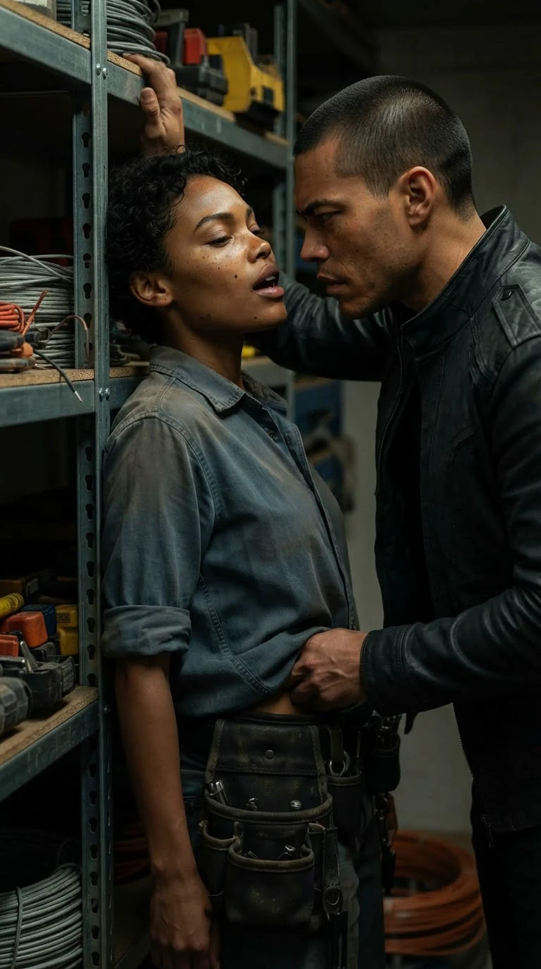 His hand slides up under her shirt, her head tipped back against the shelf.