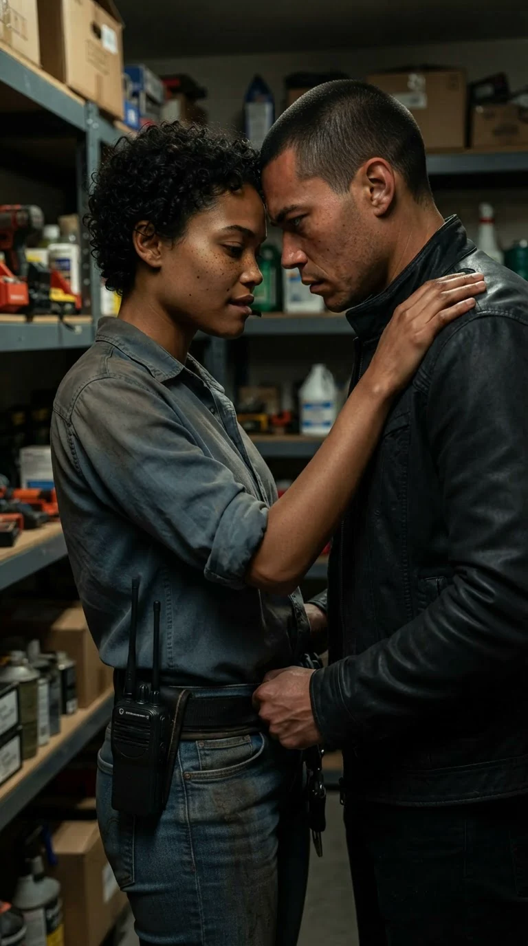His fingers push into her waistband while she bites her lip and grips his shoulder.