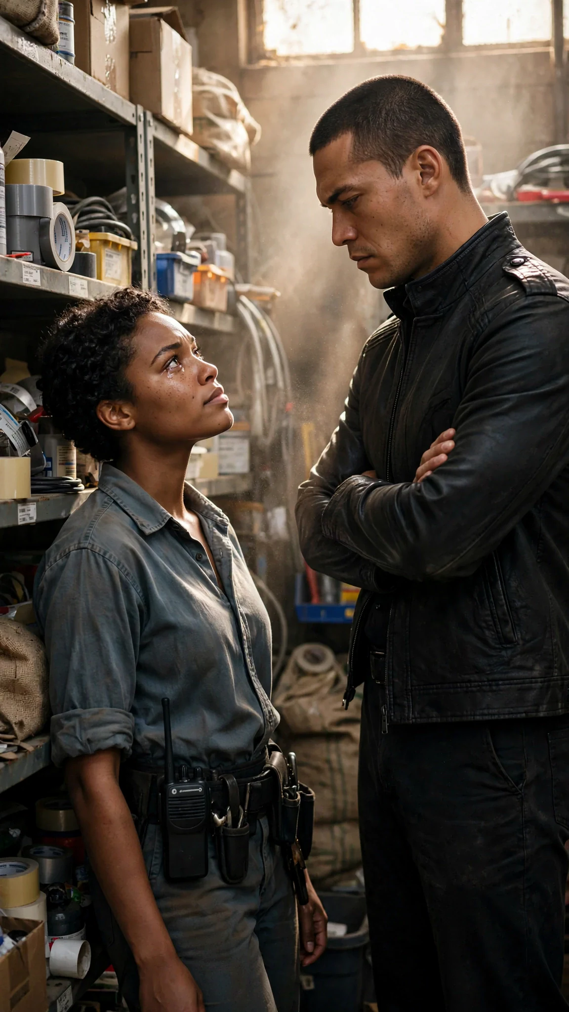 Evander stands with arms crossed, delivering an order, Nova staring at him.