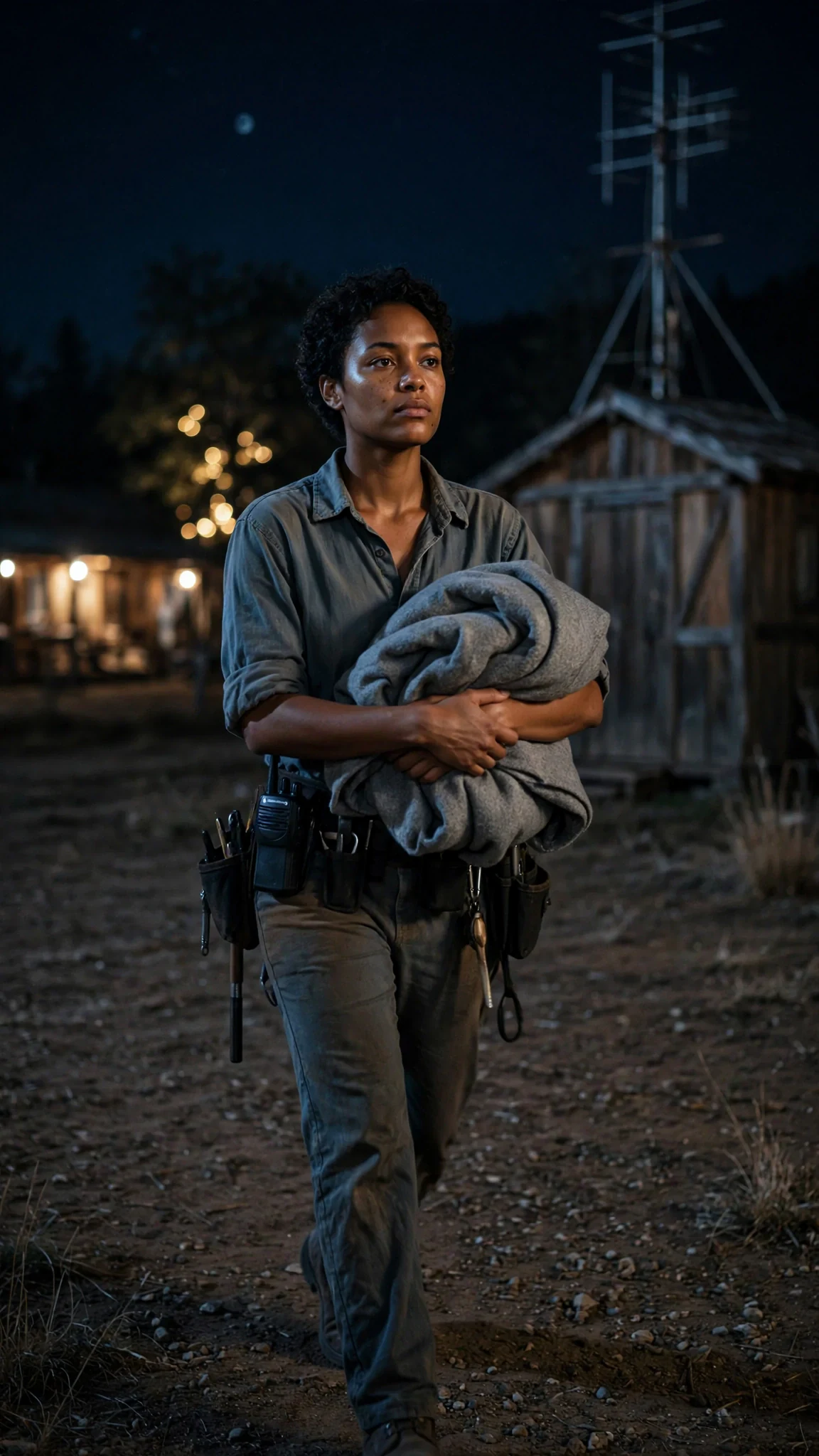 At night Nova carries a blanket across the dark yard toward the small radio shed.