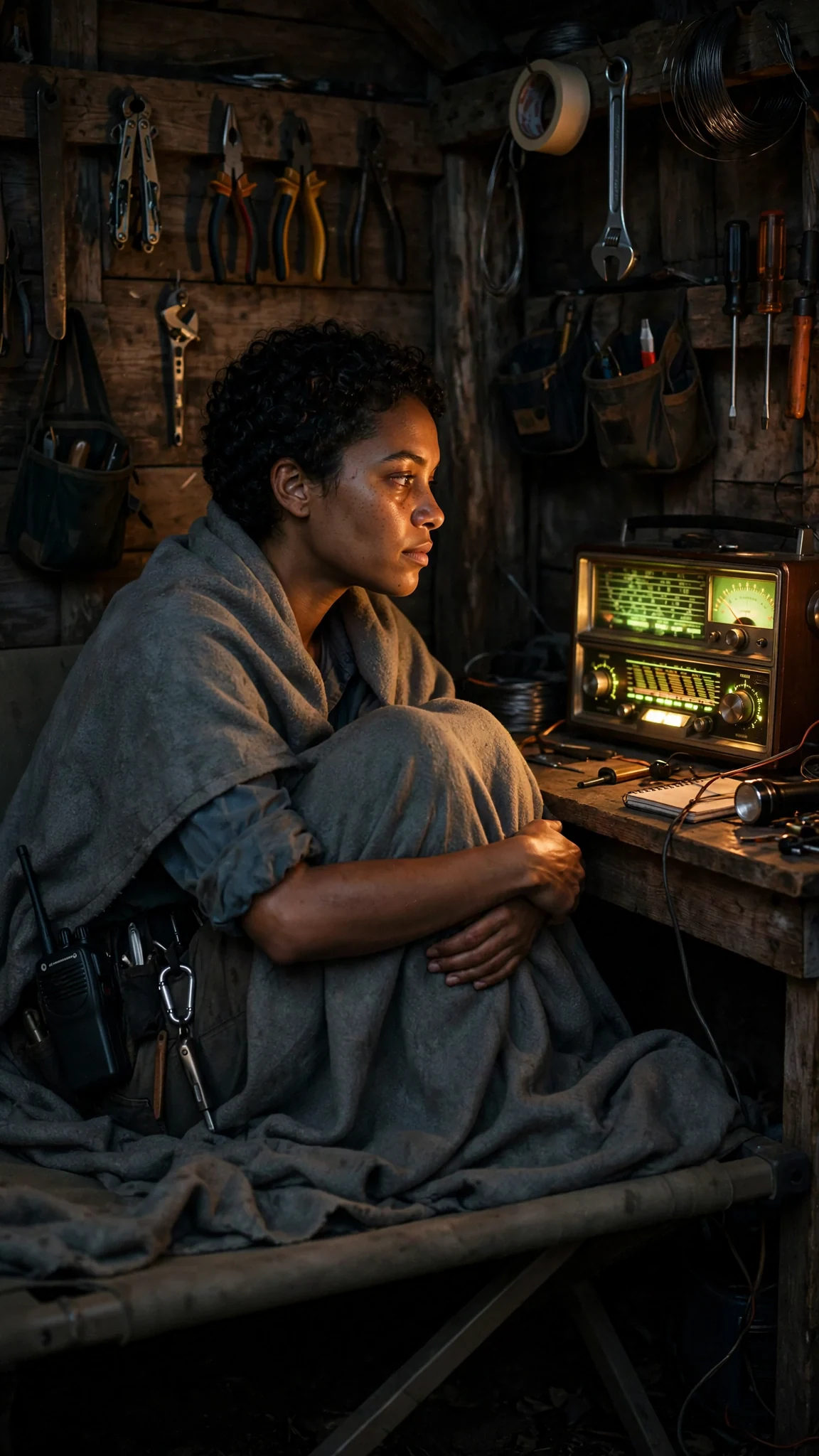 Nova sits alone on the shed cot with the blanket around her, the radio dial glowing.
