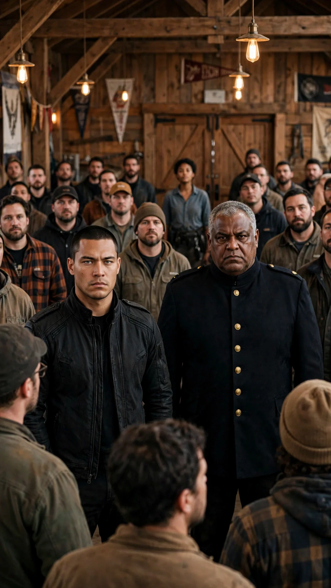 A packed wooden meeting hall at dusk, with Evander standing at the front beside his father while Nova stands alone at the back.