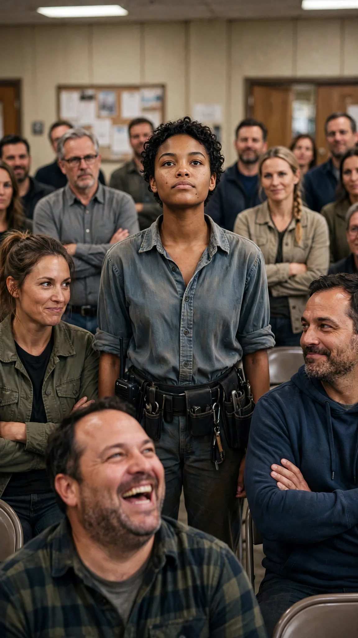 Nova stands alone as the pack stares at her, a man in the front row laughing.
