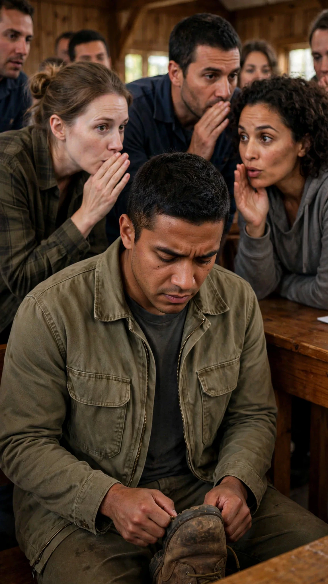 Pack members whisper behind their hands while Piet stares at his boots.