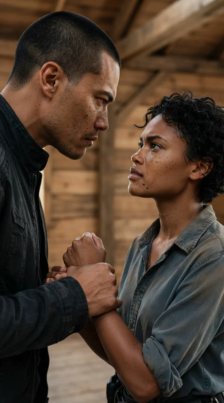 Evander leans close to Nova and threatens her in a low voice.
