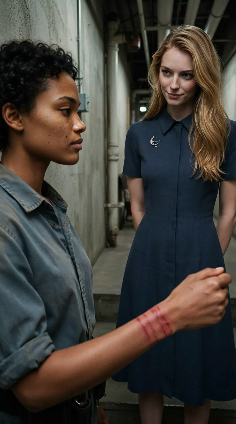 Adelie speaks from Evander's side with a cold smile while Nova's wrist shows red marks.