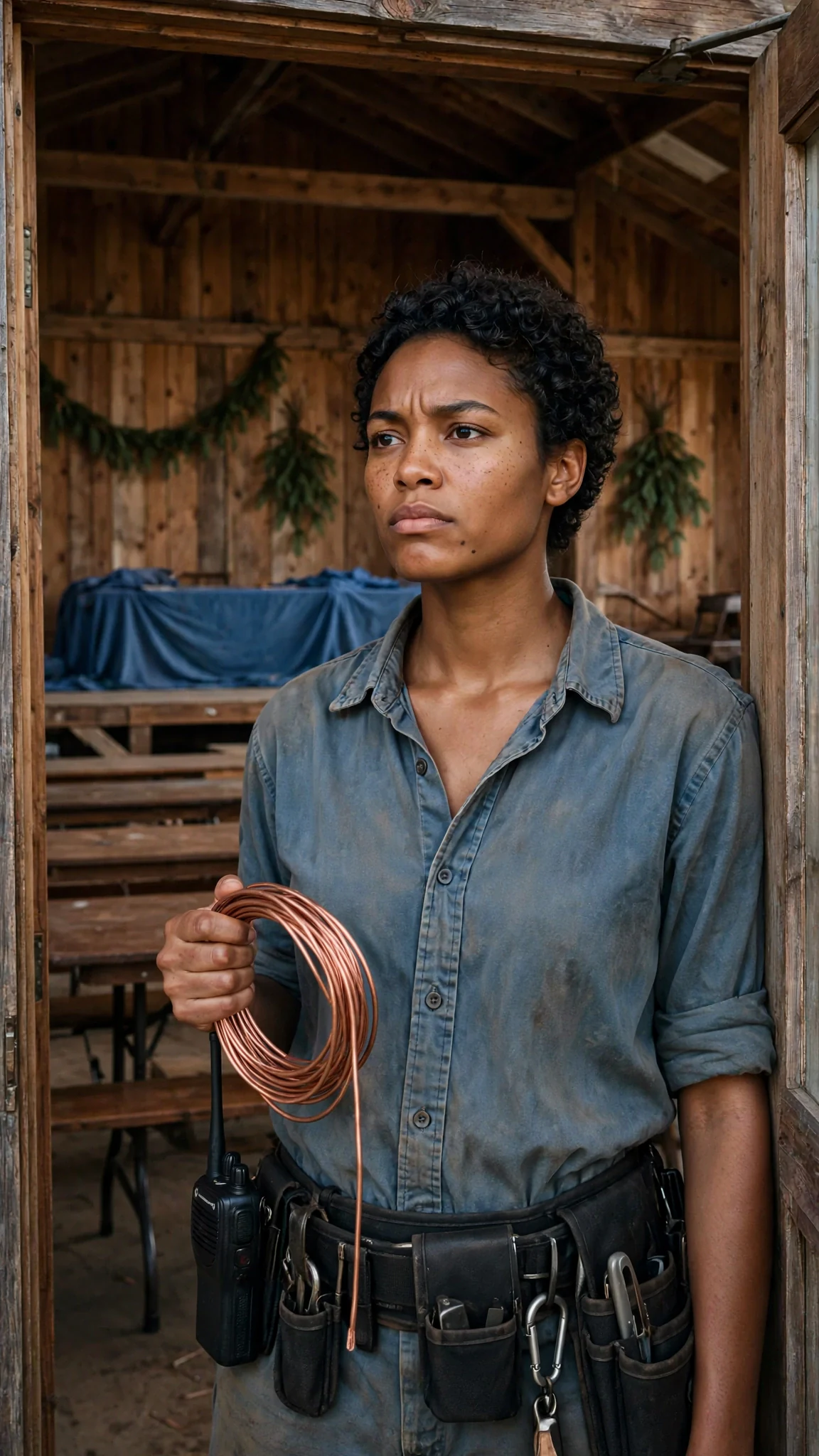Nova stands in the doorway of the decorated pack hall at dawn, holding a coil of copper wire.