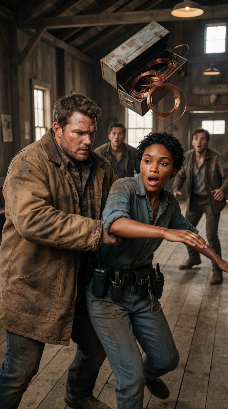 Nova's toolbox hits the floor as a broad man shoulders past her, wire rolling across the boards.