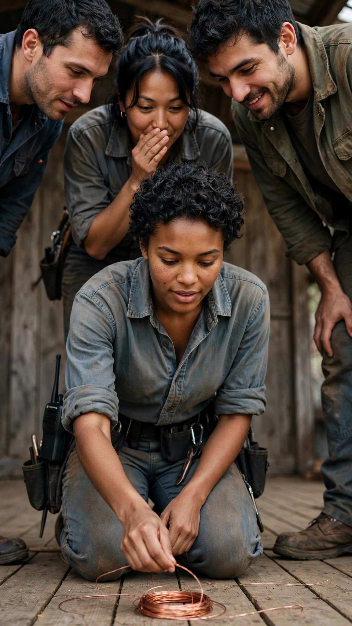 Nova kneels gathering wire while pack members whisper above her.