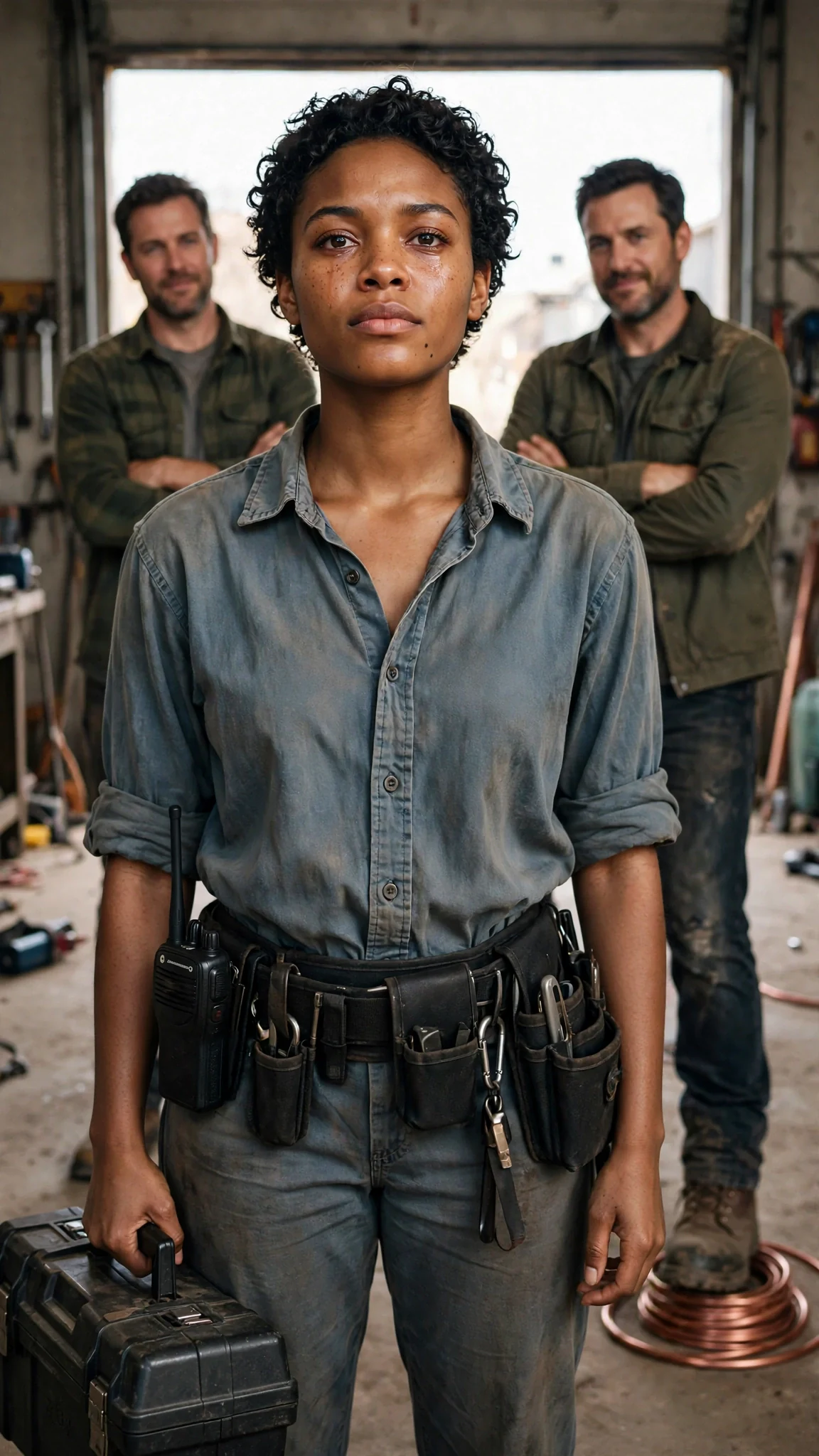 Nova lifts her toolbox, eyes wet but steady, in the hall doorway.