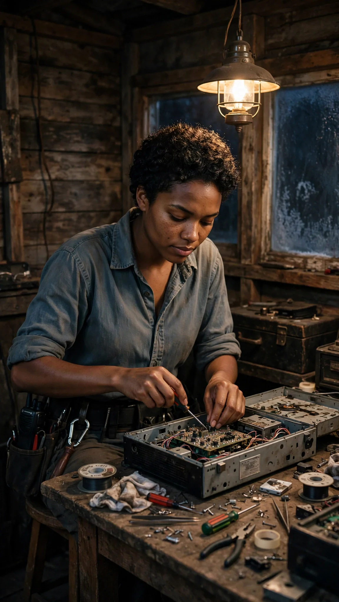 Nova sits at the bench in the small radio shed, one lamp on, working on a radio chassis.