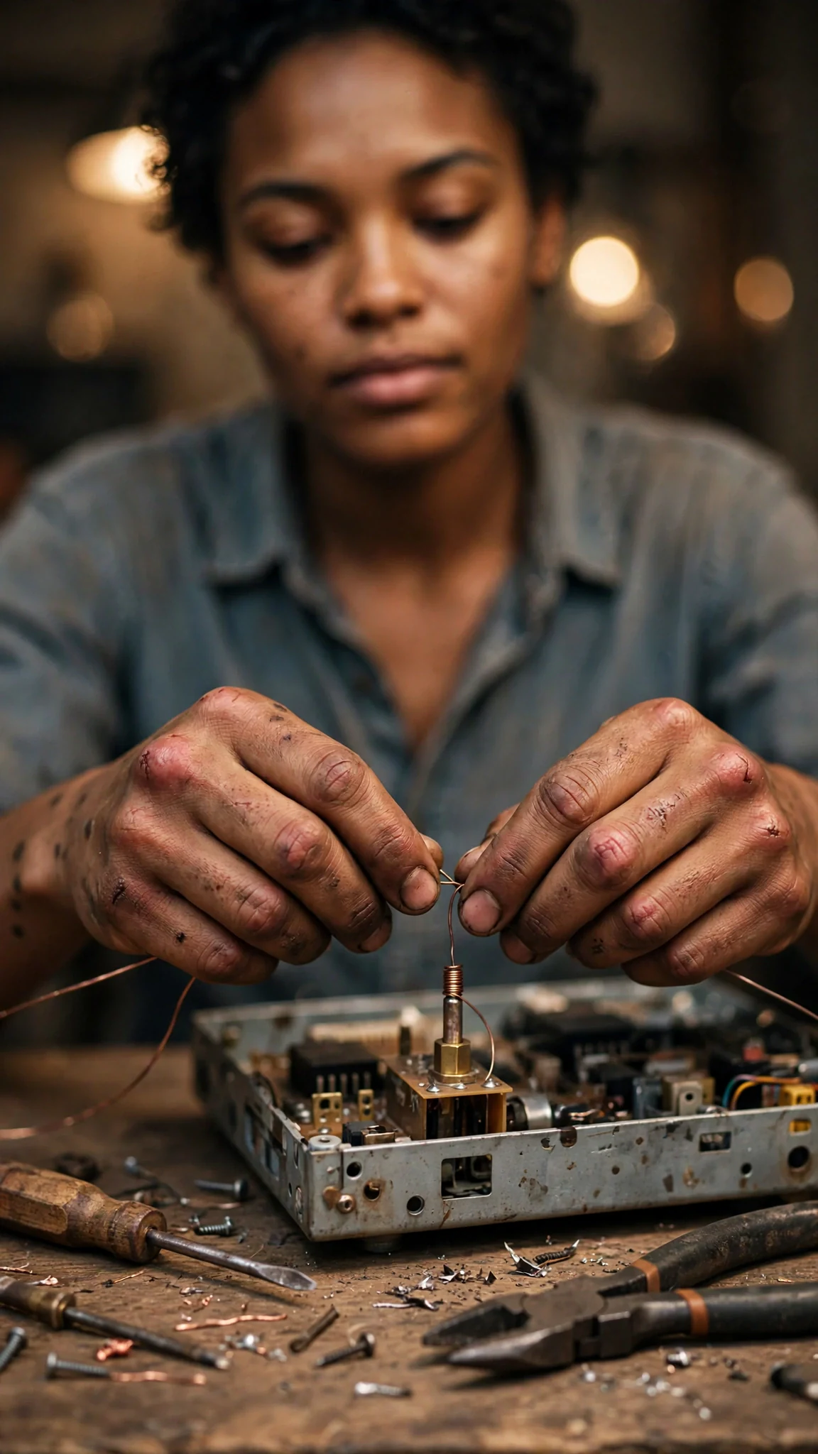 Close on Nova's raw hands working copper wire under lamplight.