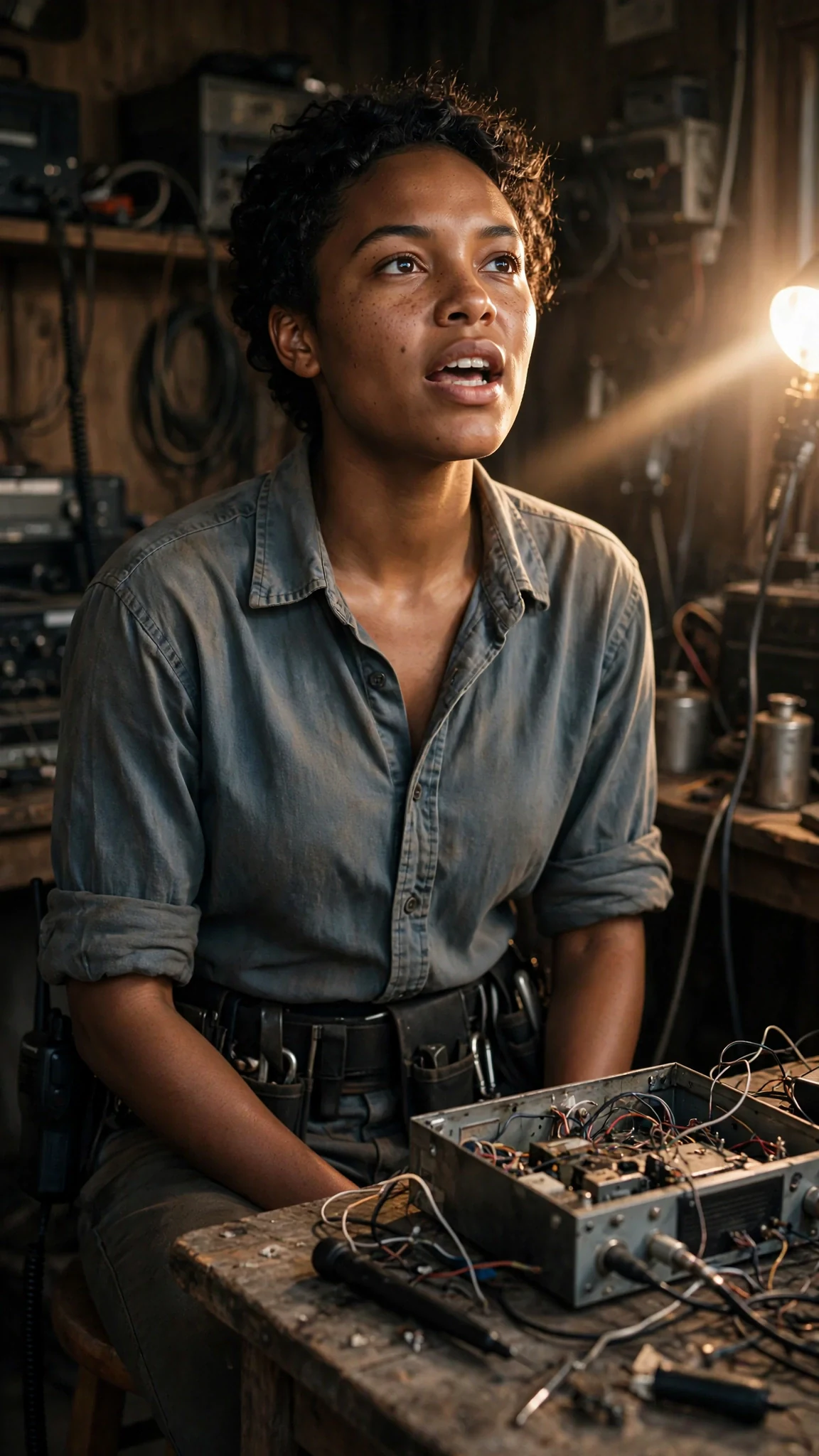 Nova speaks to the empty shed, jaw set, lamp light on her face.