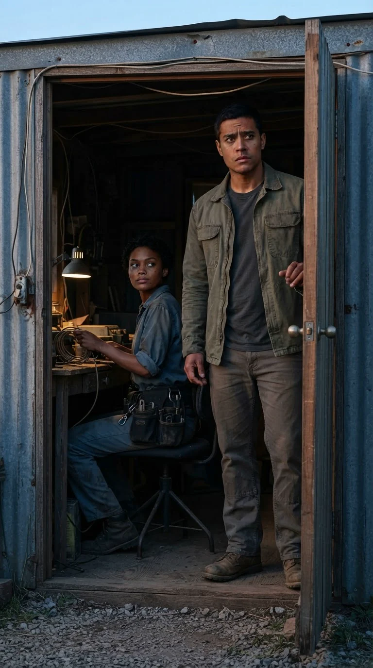 Piet stands in the open shed doorway at dawn while Nova stays seated at the bench.