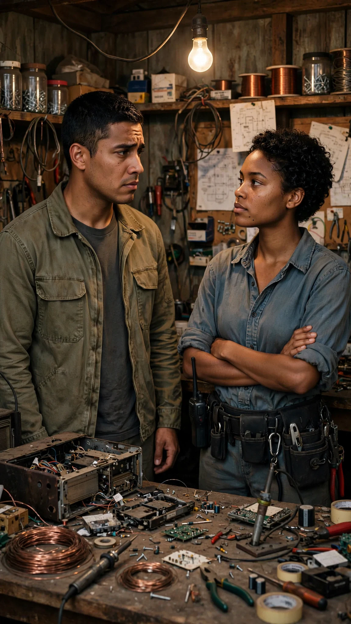 Piet stands inside the crowded radio shed while Nova watches him from beside the bench.