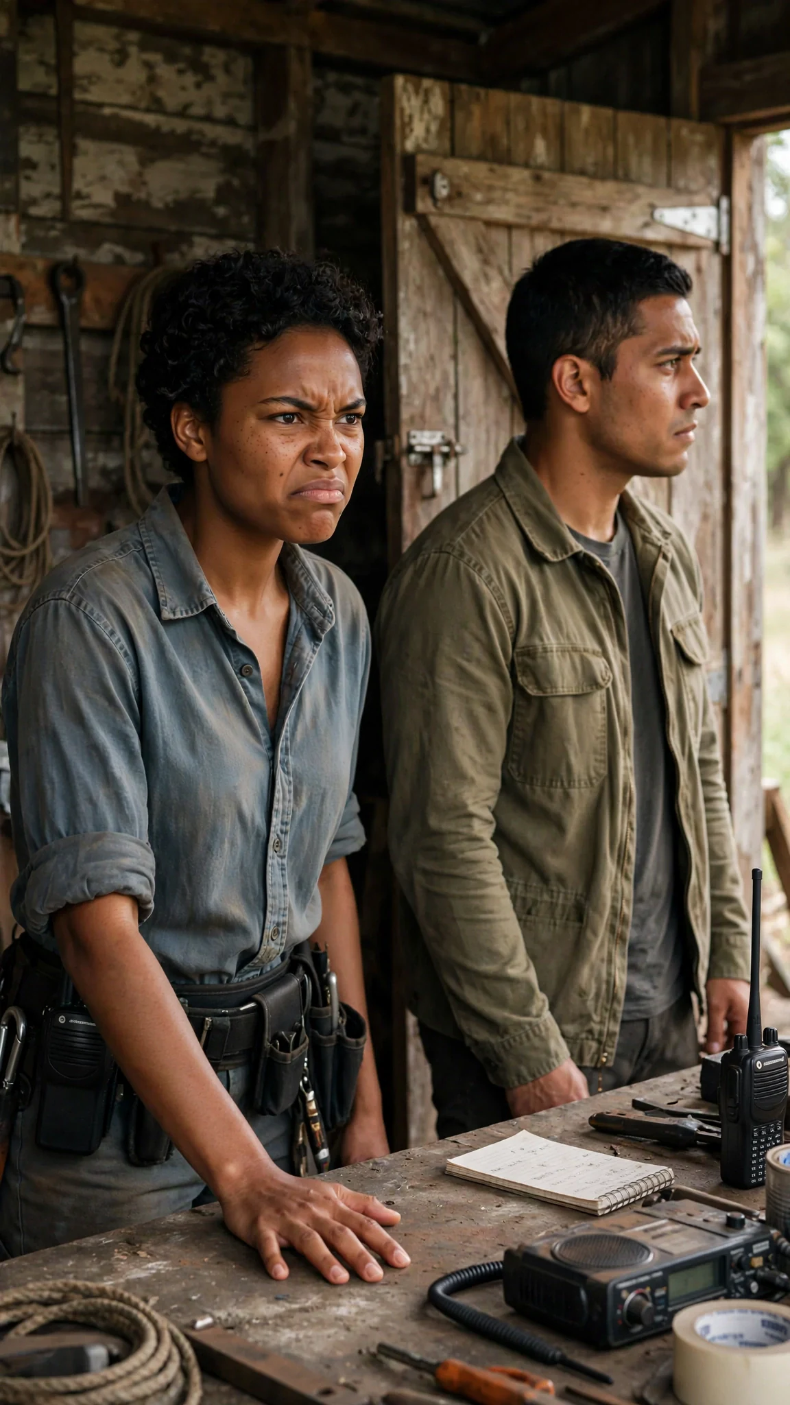 Nova stands rigid with anger in the shed as Piet looks away from her.