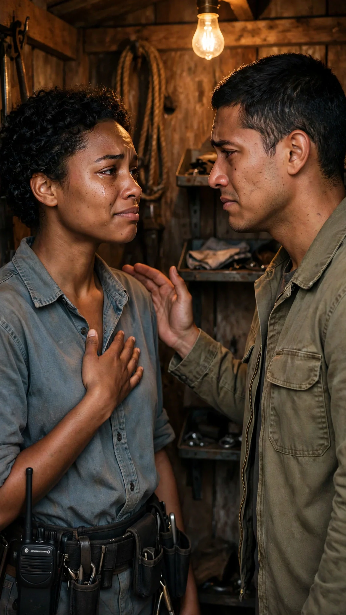 Nova and Piet face each other in the small shed, both near tears and anger.