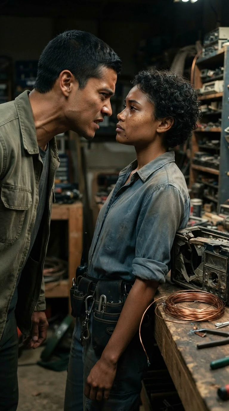 Piet leans in close, angry, while Nova holds her ground beside the radio bench.