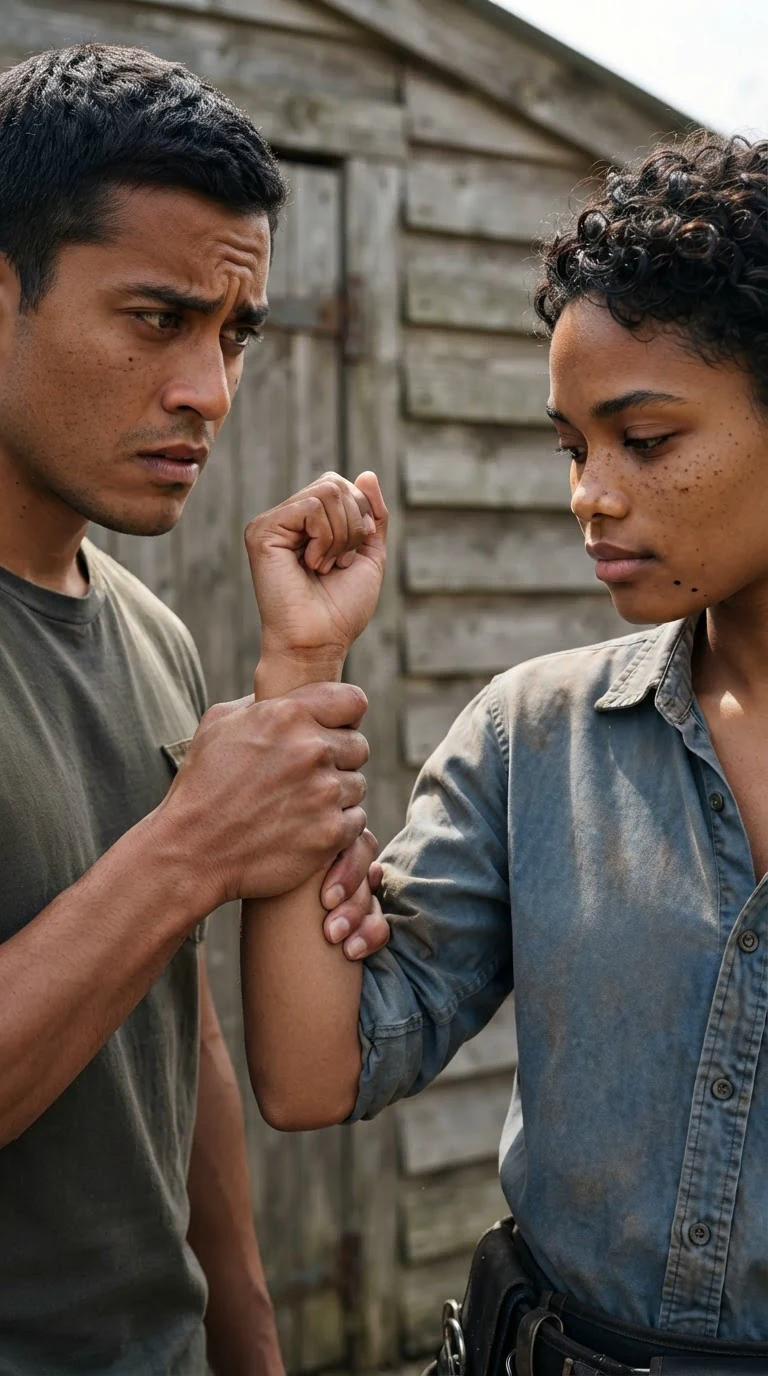 Piet's hand clamps hard around Nova's arm as she looks down at his grip.
