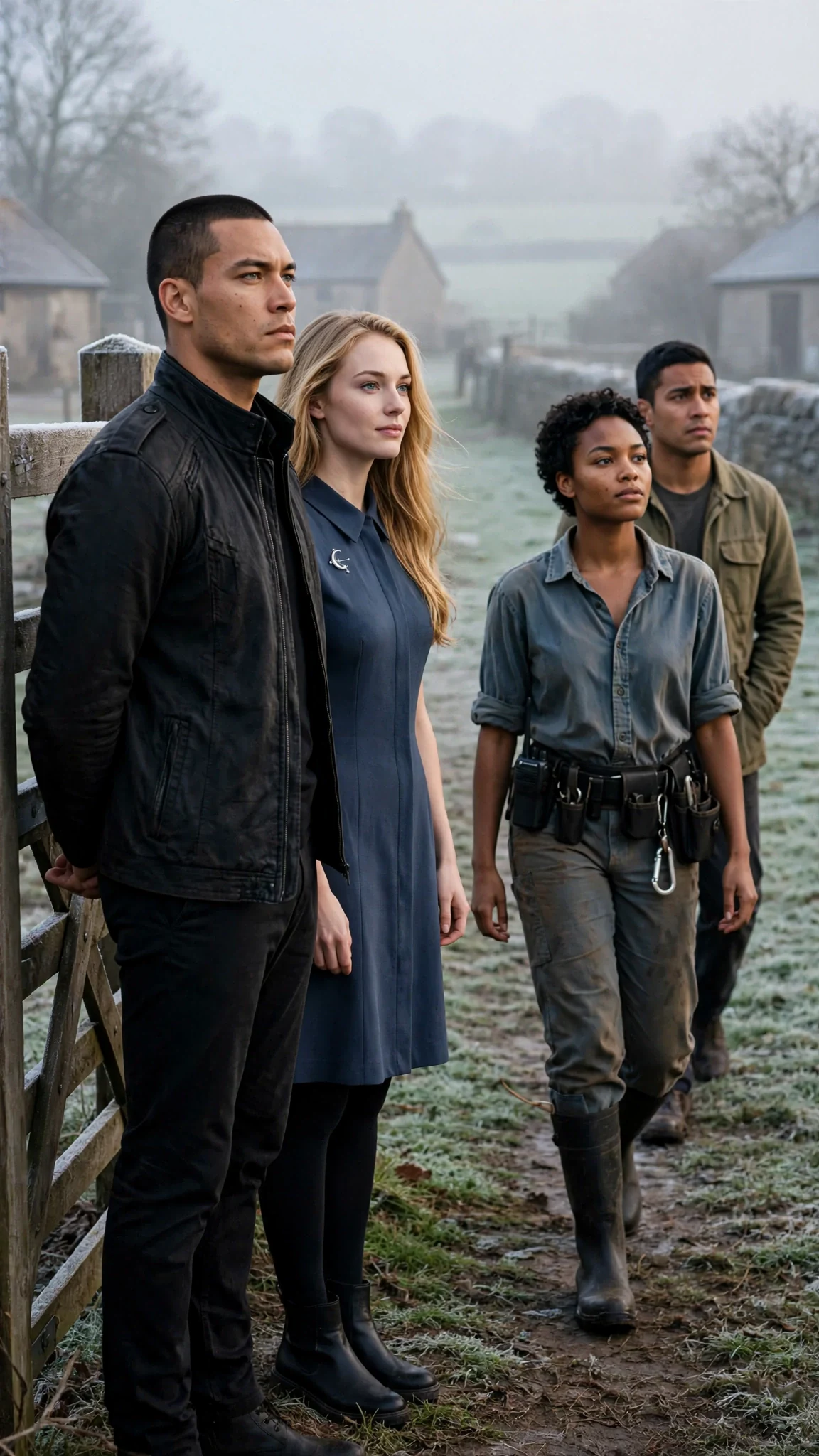 Evander stands at the pack gate with Adelie beside him as Nova approaches with Piet.