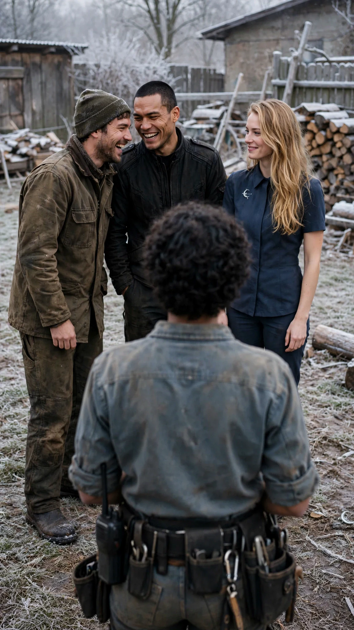 Pack men laugh at Nova in the yard while Adelie smiles beside Evander.