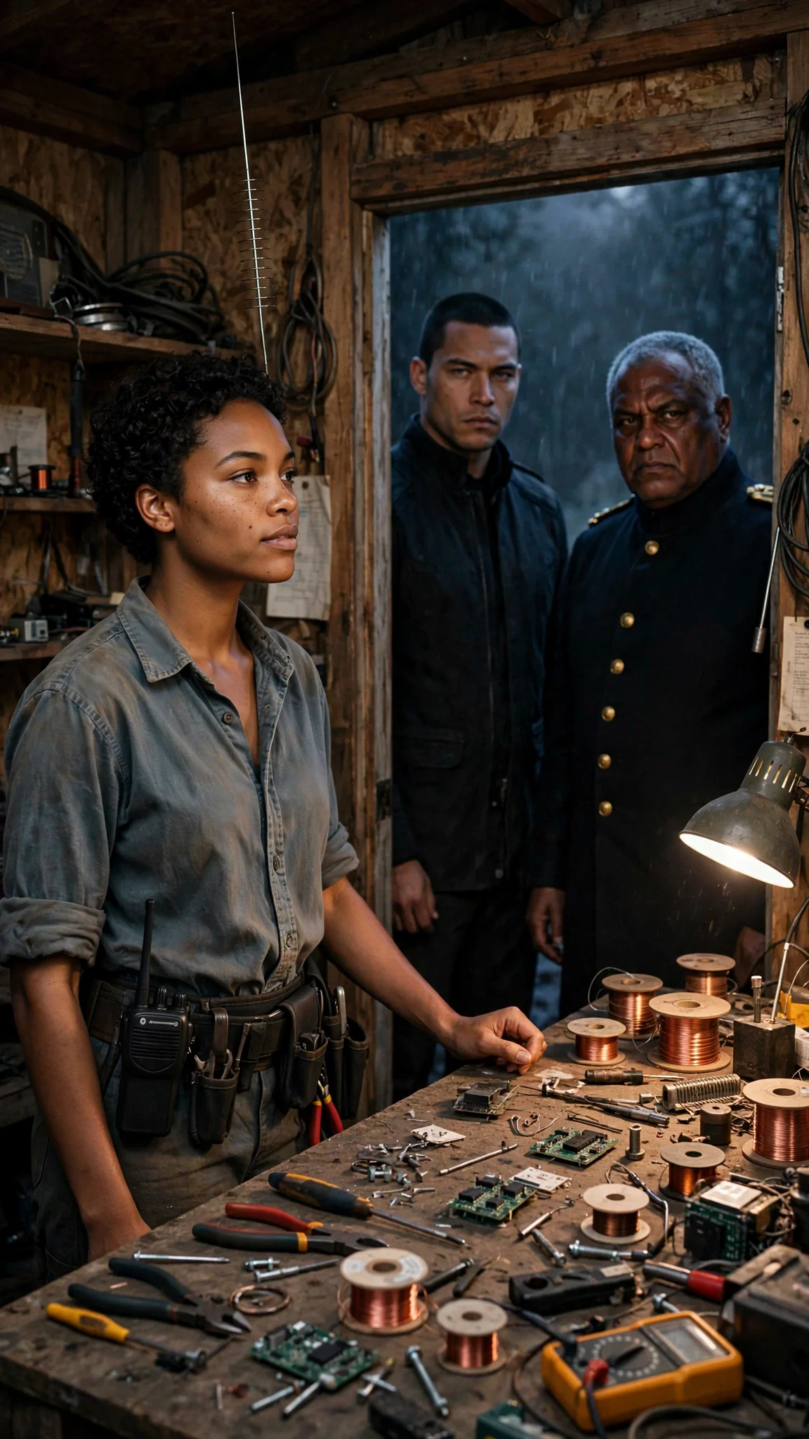 Two men stand in the open door of a cold radio shed at night, facing a young woman with a tool belt.