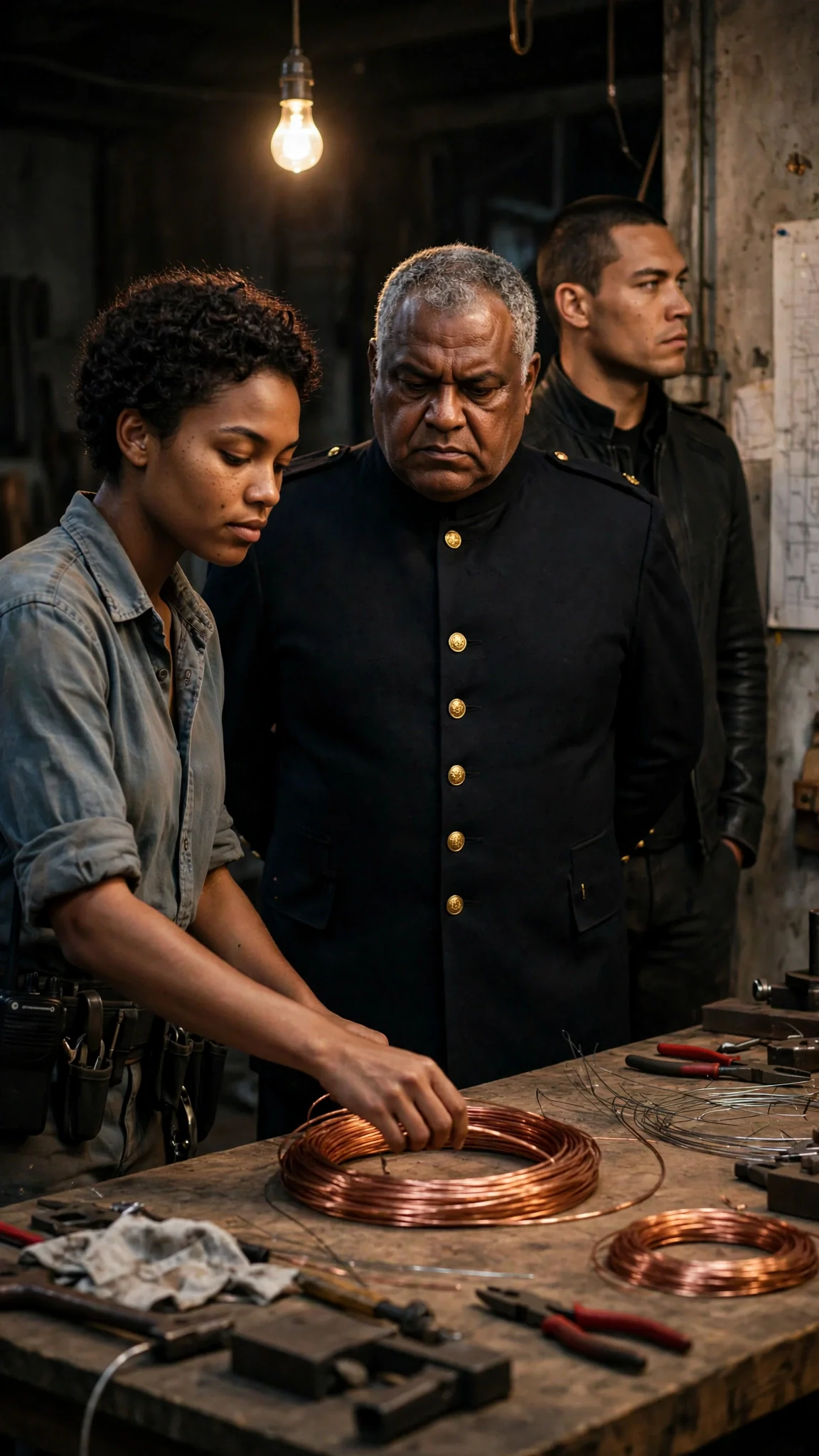 The woman sets her wire down and stays on her feet, facing the two men across the bench.