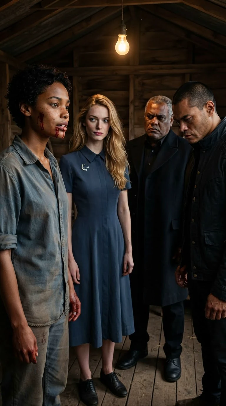 She speaks her rage slowly, blood on her face, the three of them listening.
