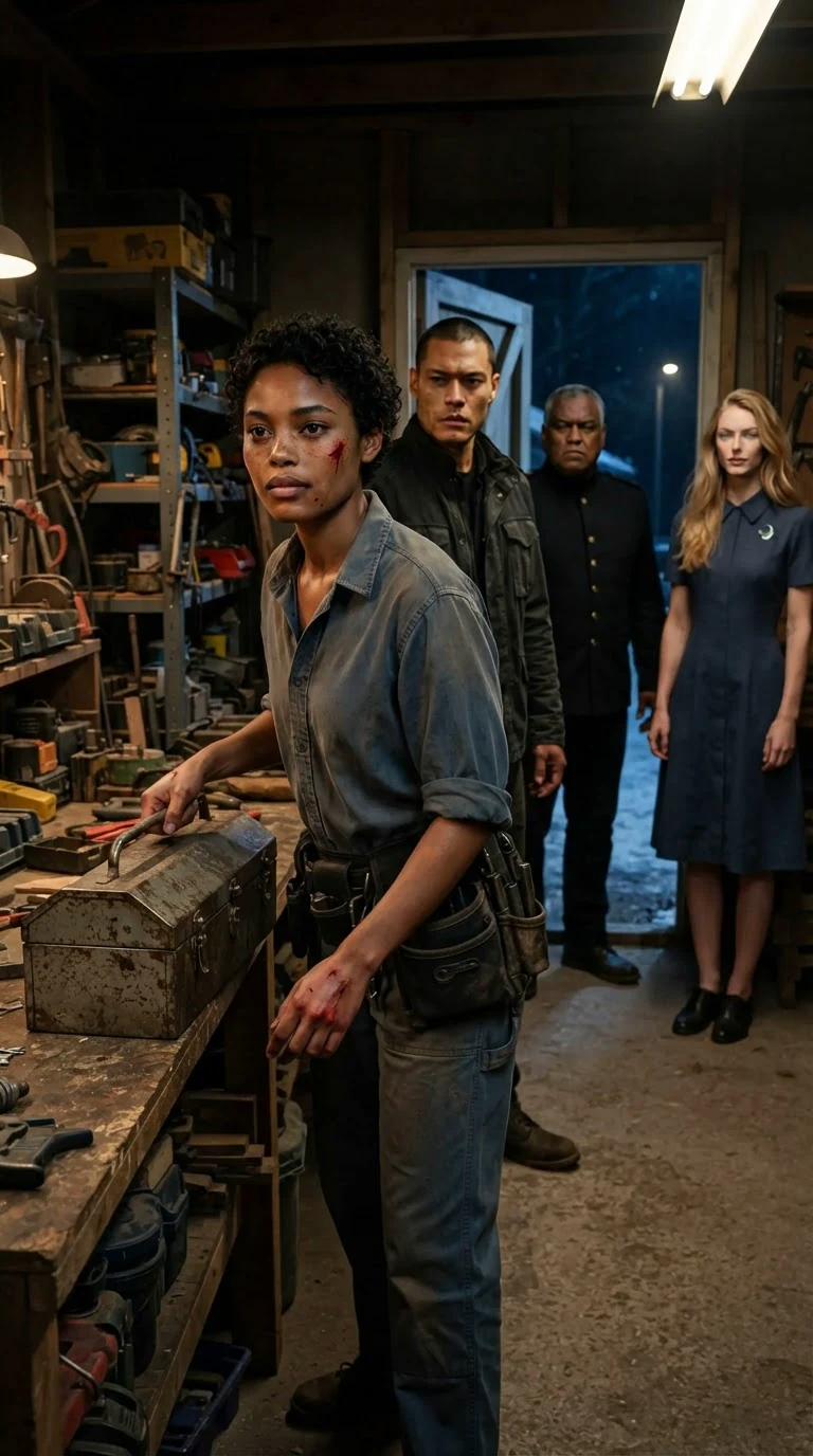 She picks up her toolbox and walks out of the shed past the three of them.