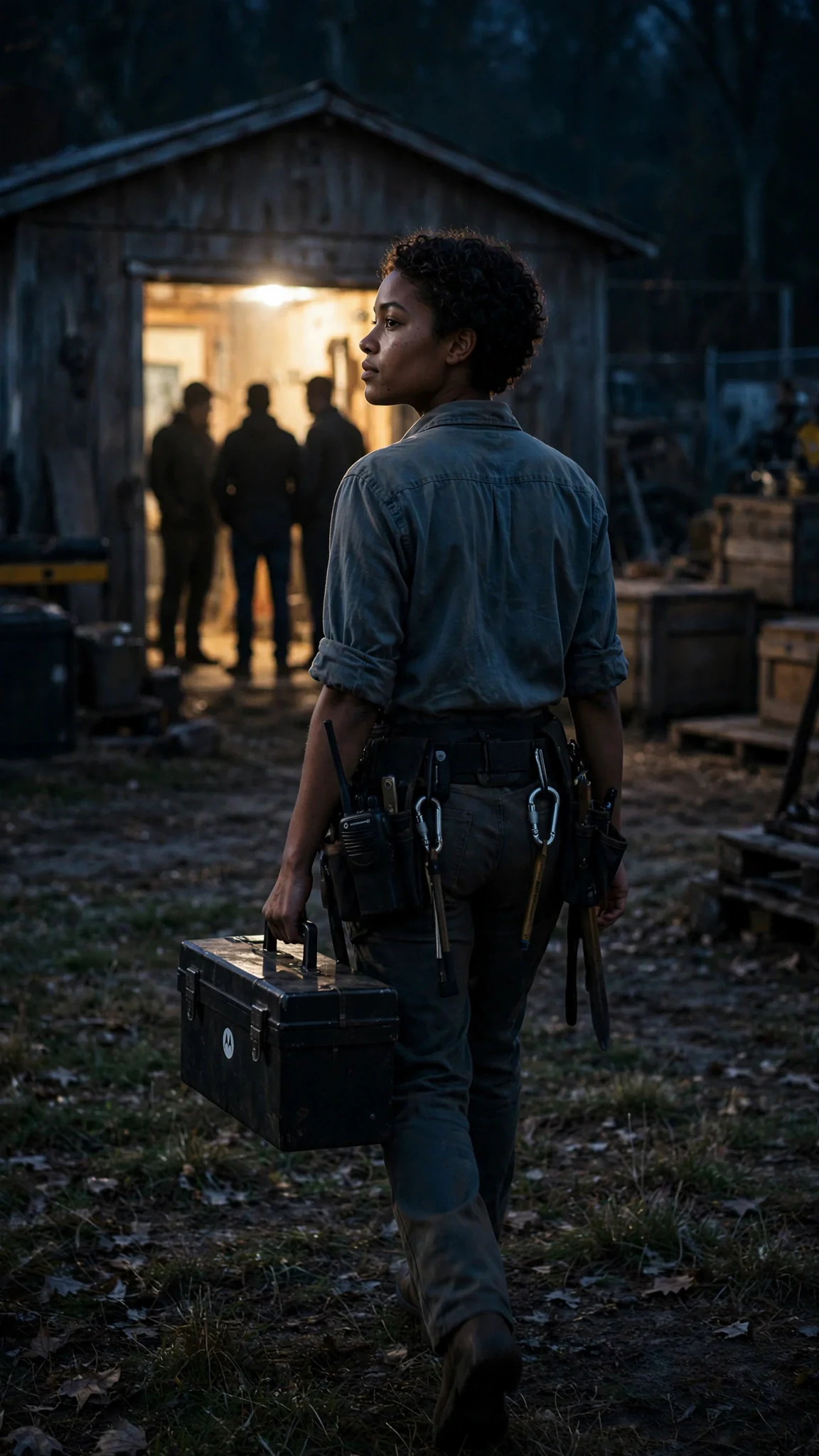She walks away across the dark yard from the lit shed door, alone.