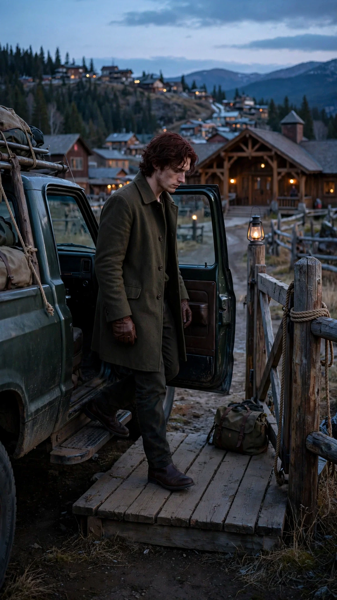A tall red-haired man steps from a truck into a cold, too-quiet pack yard at dusk.