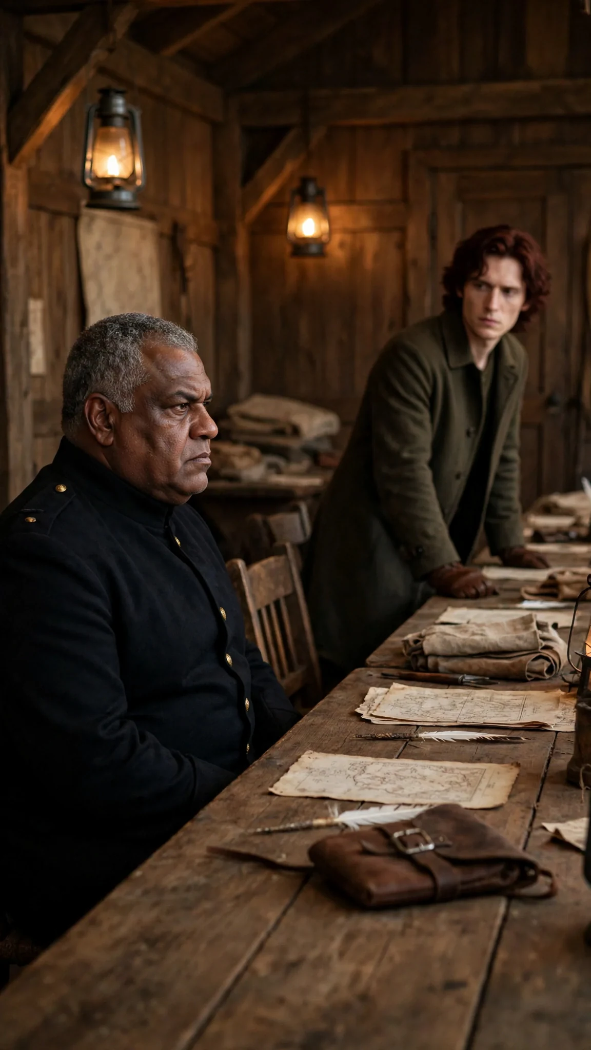A young red-haired man stands from a long table while a heavy older Alpha watches.