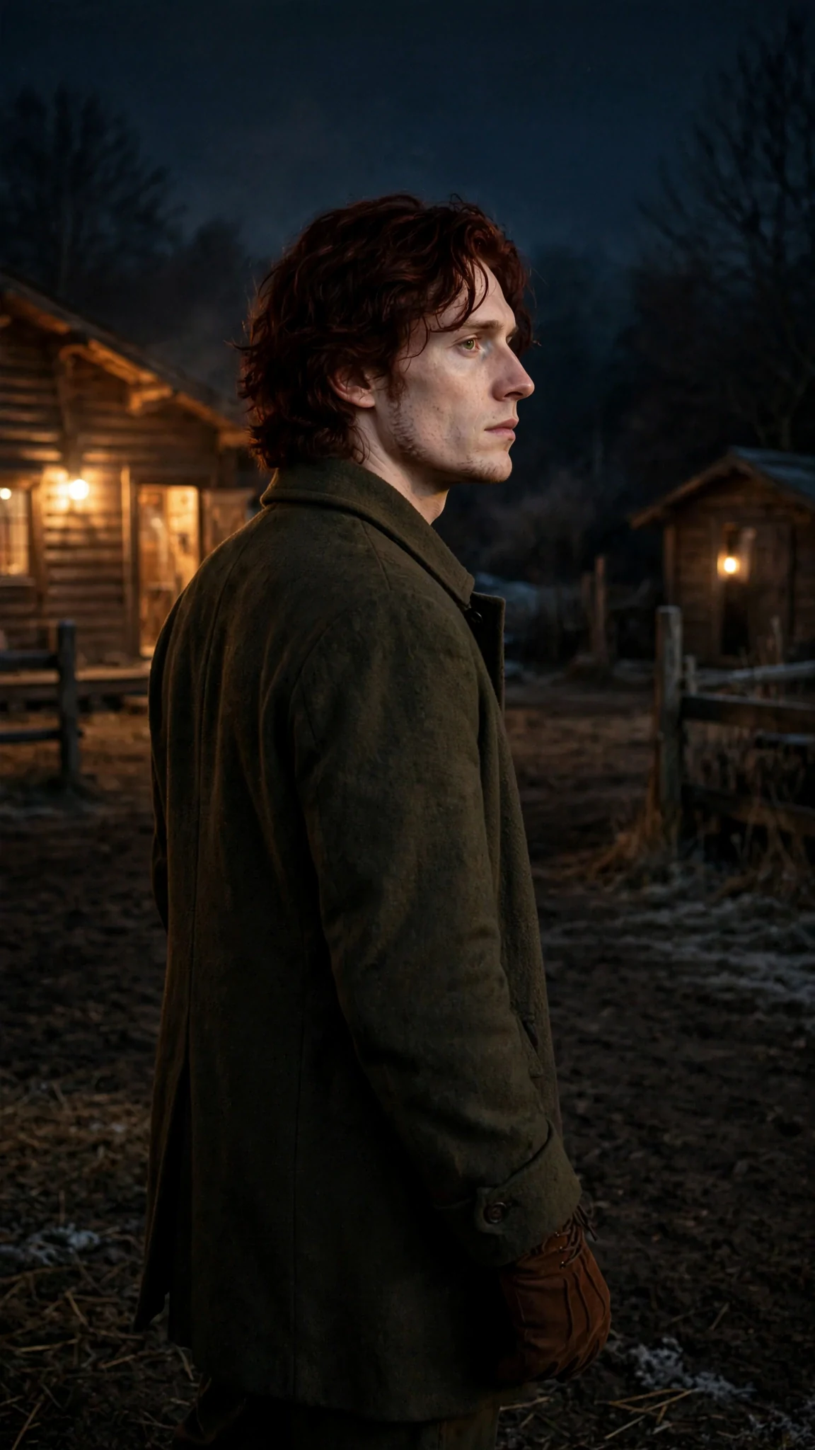 The red-haired man crosses a cold dark yard toward a lit shed while the hall glows behind him.