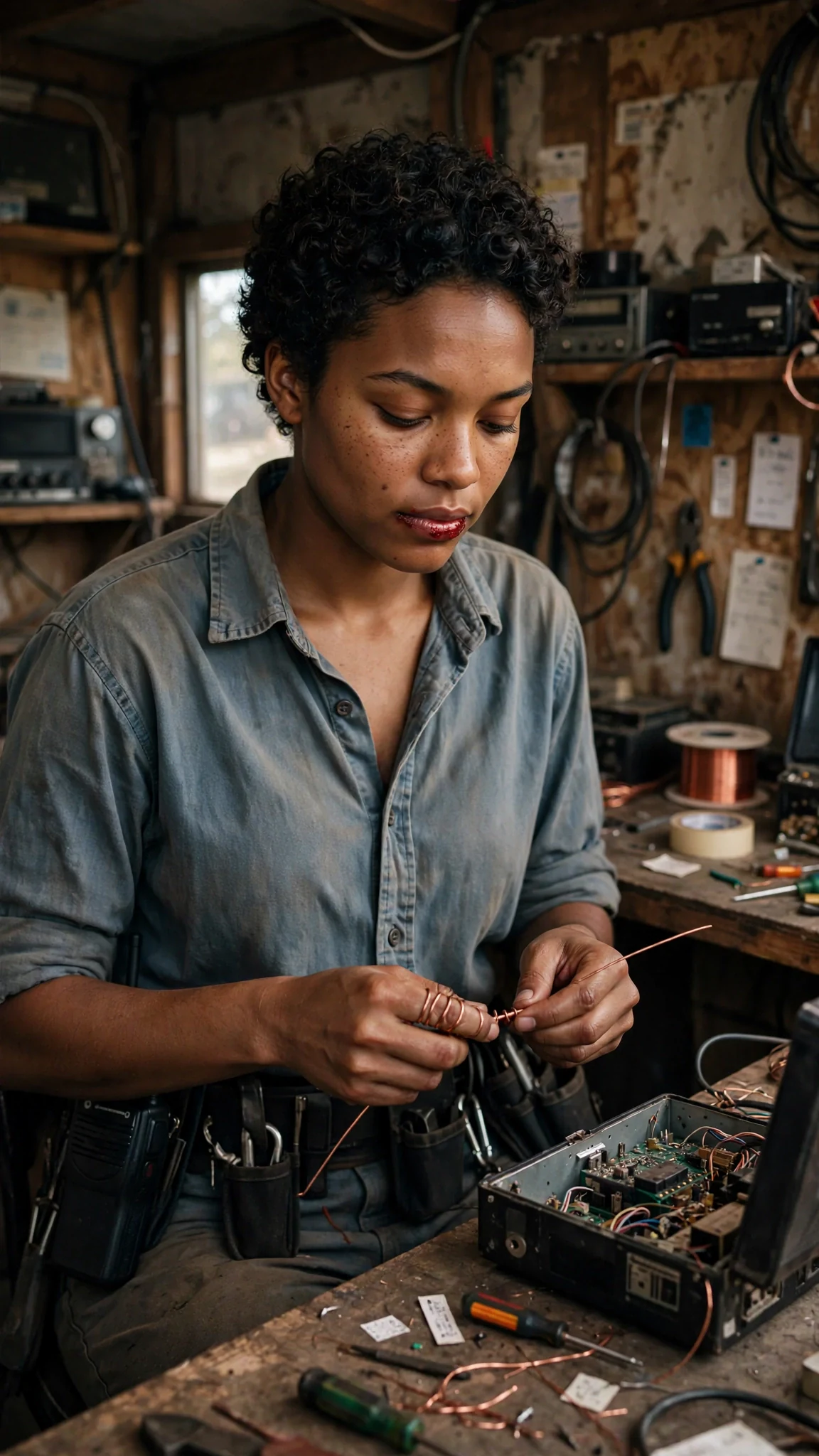 A woman with short dark curls and a cut lip works a radio bench, not looking up.