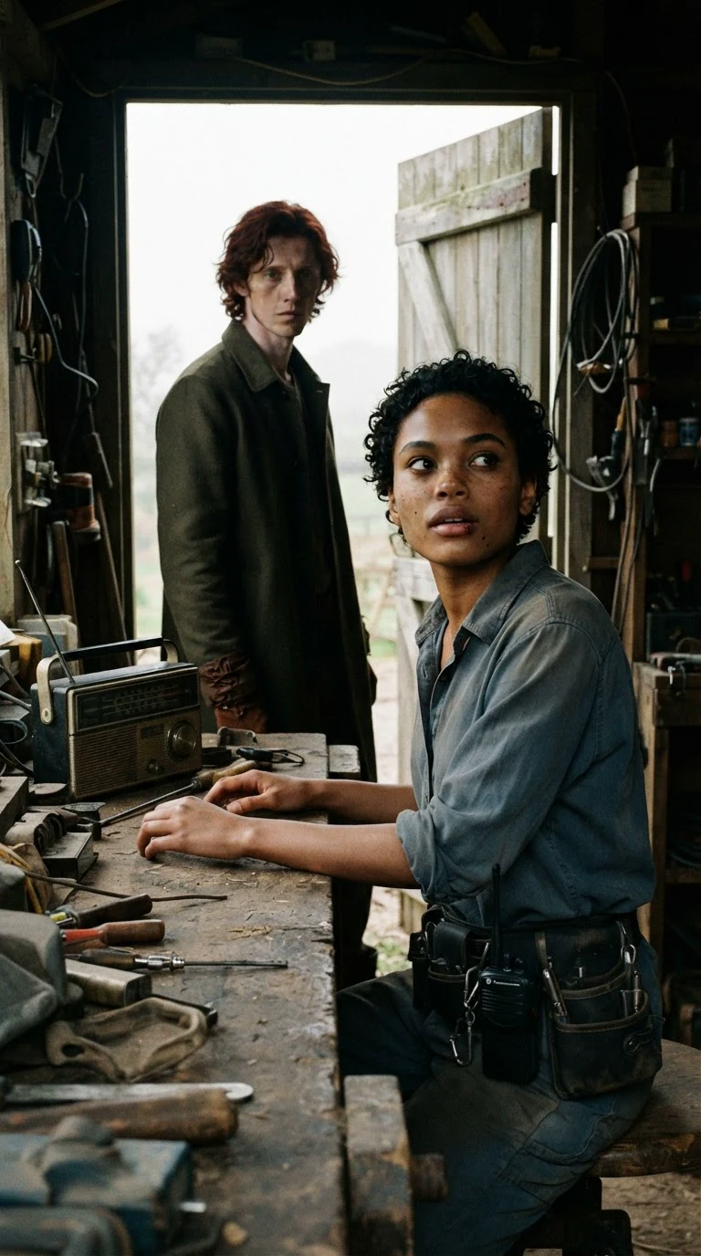 The woman looks up from the wire with dark, tired eyes at the man in the doorway.