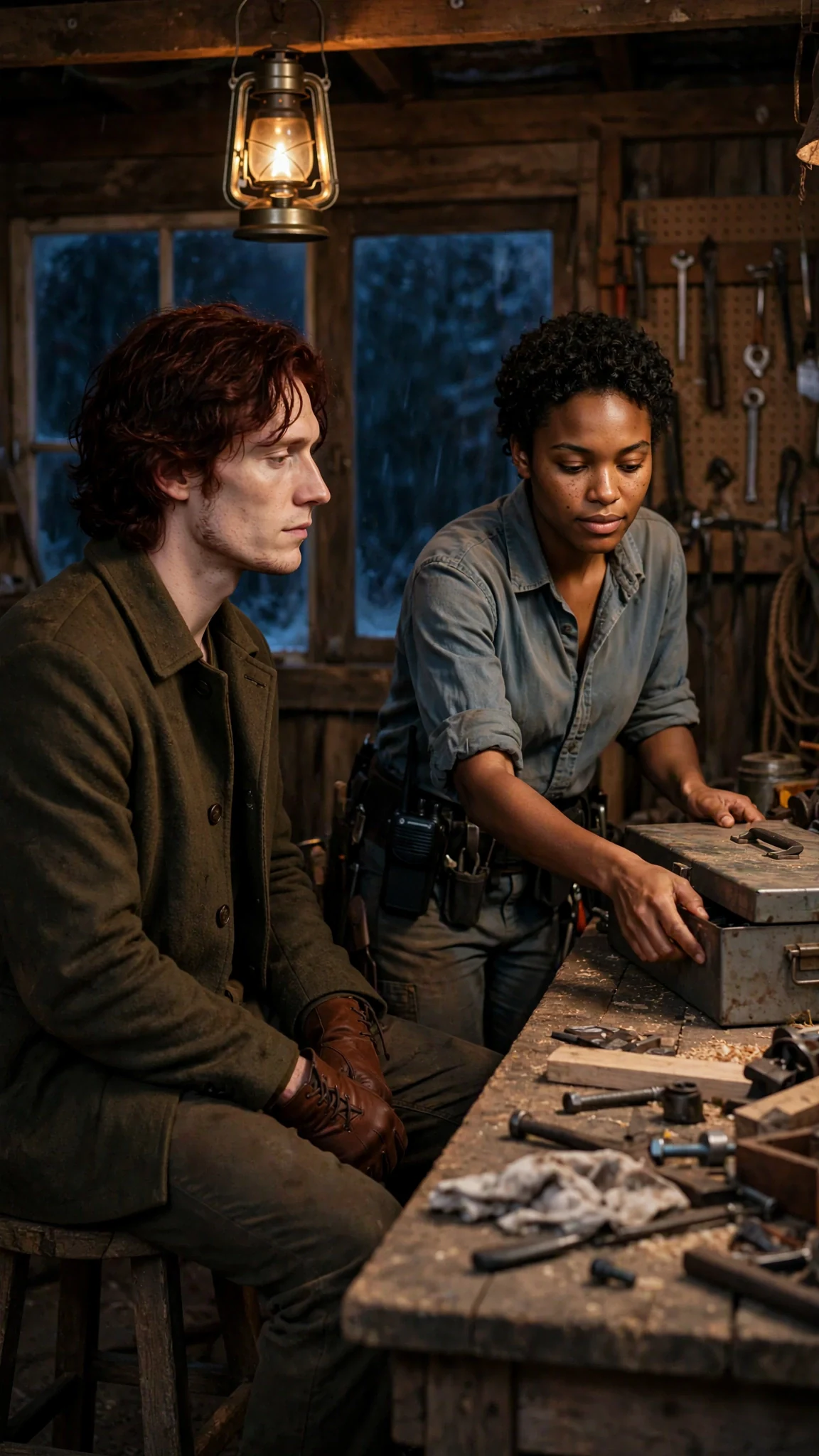 The red-haired man sits on a stool as the woman shifts her toolbox aside.