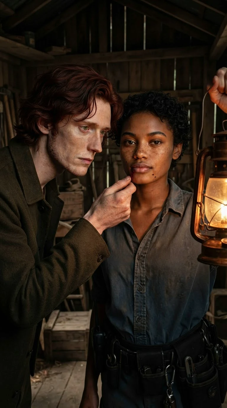 Close on the woman's cut lip as the red-haired man leans in, serious.