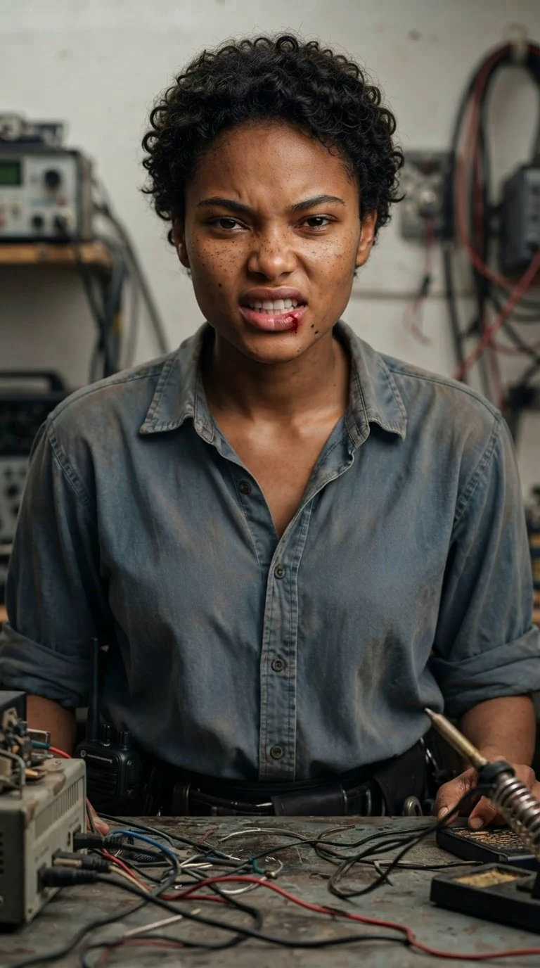 The woman stares straight ahead, saying something flat and hard.